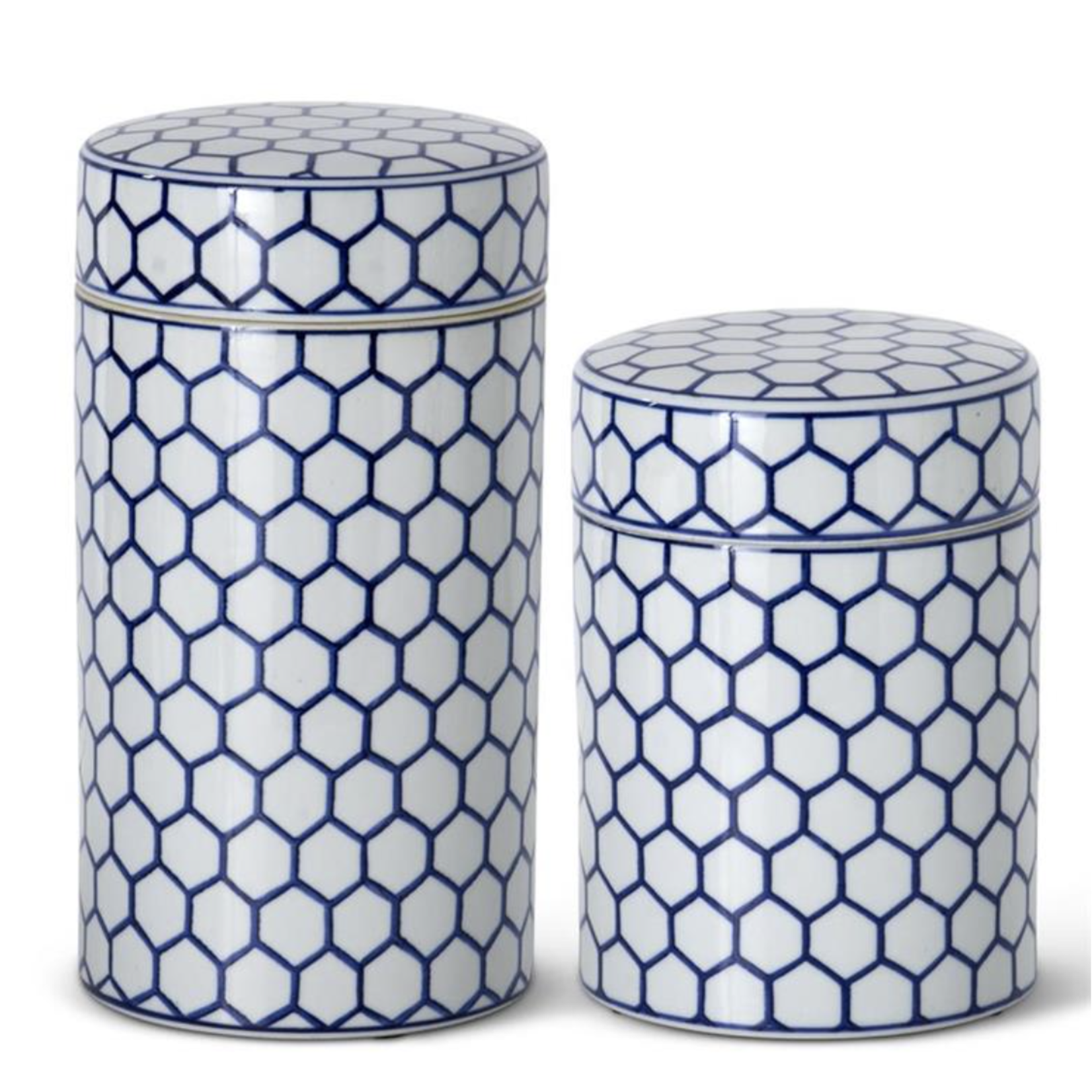 Outside The Box Set Of 2 Blue & White Honeycomb Ceramic Round Containers With Lids
