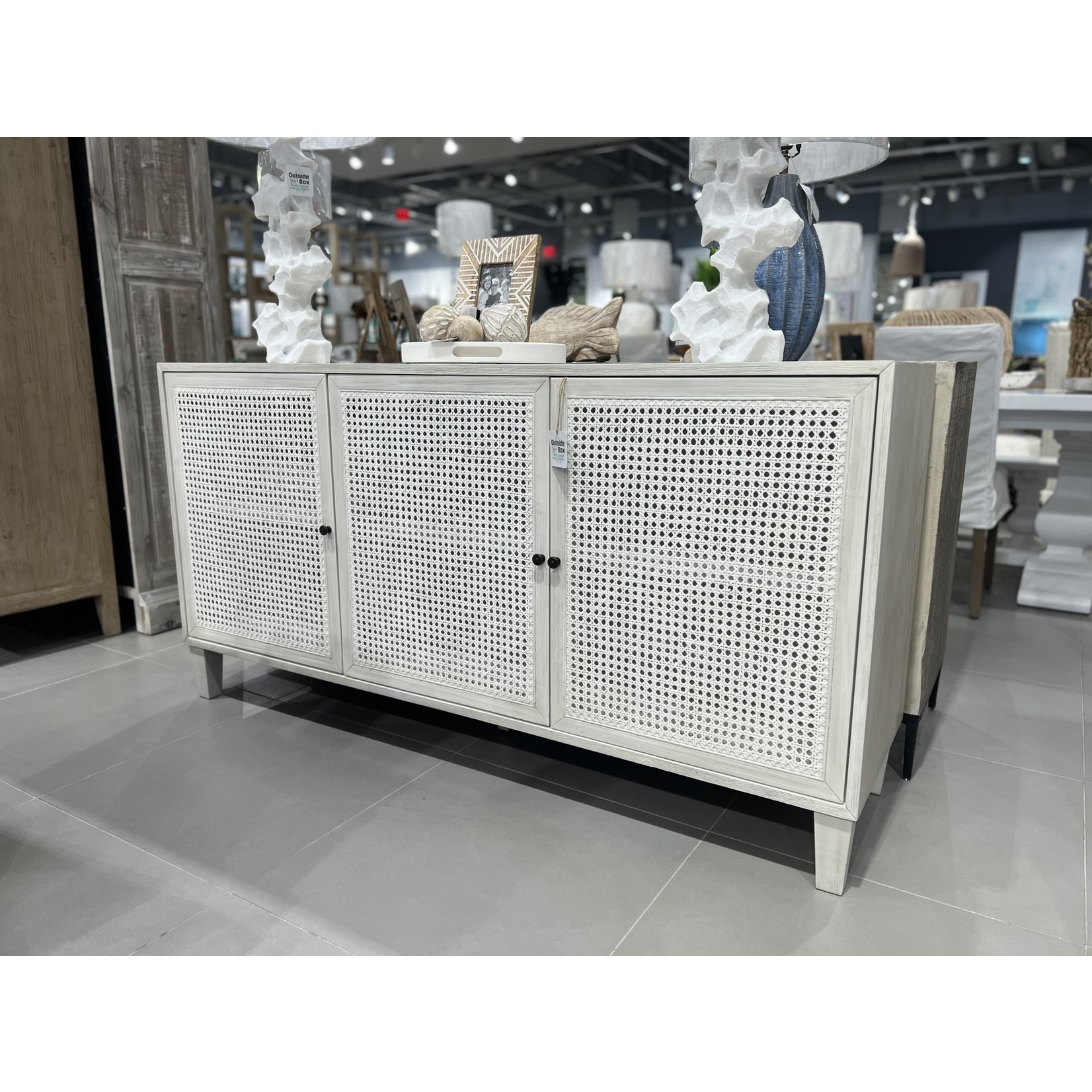 Outside The Box 66x18x34 Lugano Acacia Wood & Rattan White Wash Sideboard