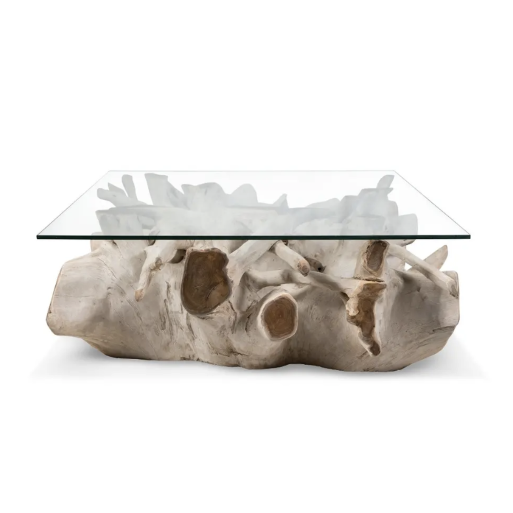 Outside The Box 42x42x17 Bleach Teak Wood Square Coffee Table W / Glass Top