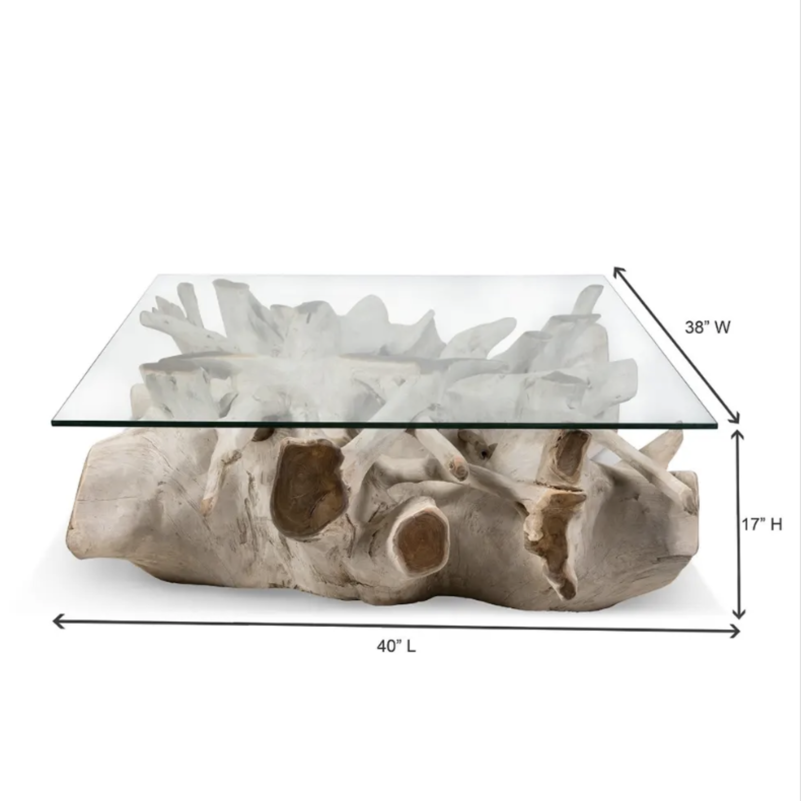 Outside The Box 42x42x17 Bleach Teak Wood Square Coffee Table W / Glass Top