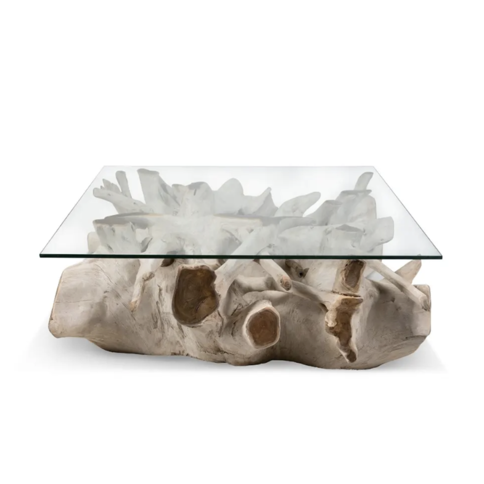 Outside The Box 42x42x17 Bleach Teak Wood Square Coffee Table W / Glass Top