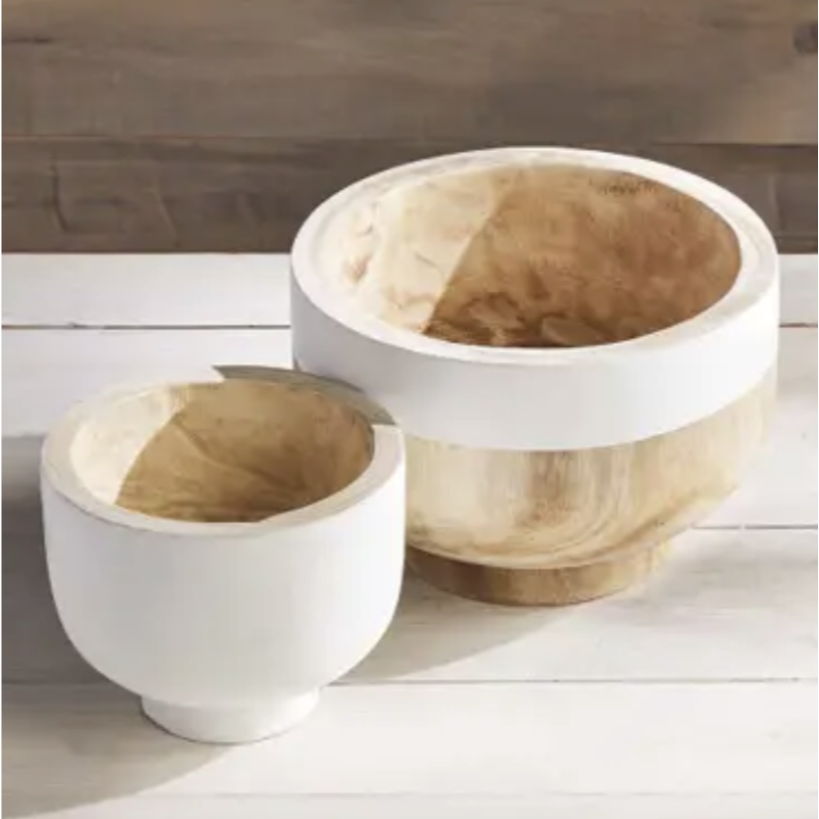 Outside The Box 11" & 9" Set Of 2 Paulownia Wood White & Natural Two-Tone Bowls