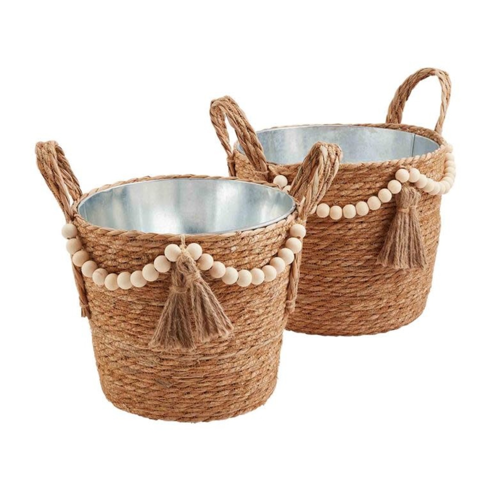 Outside The Box 16" & 14" Set Of 2 Tin Tub in Beaded Jute Party Basket