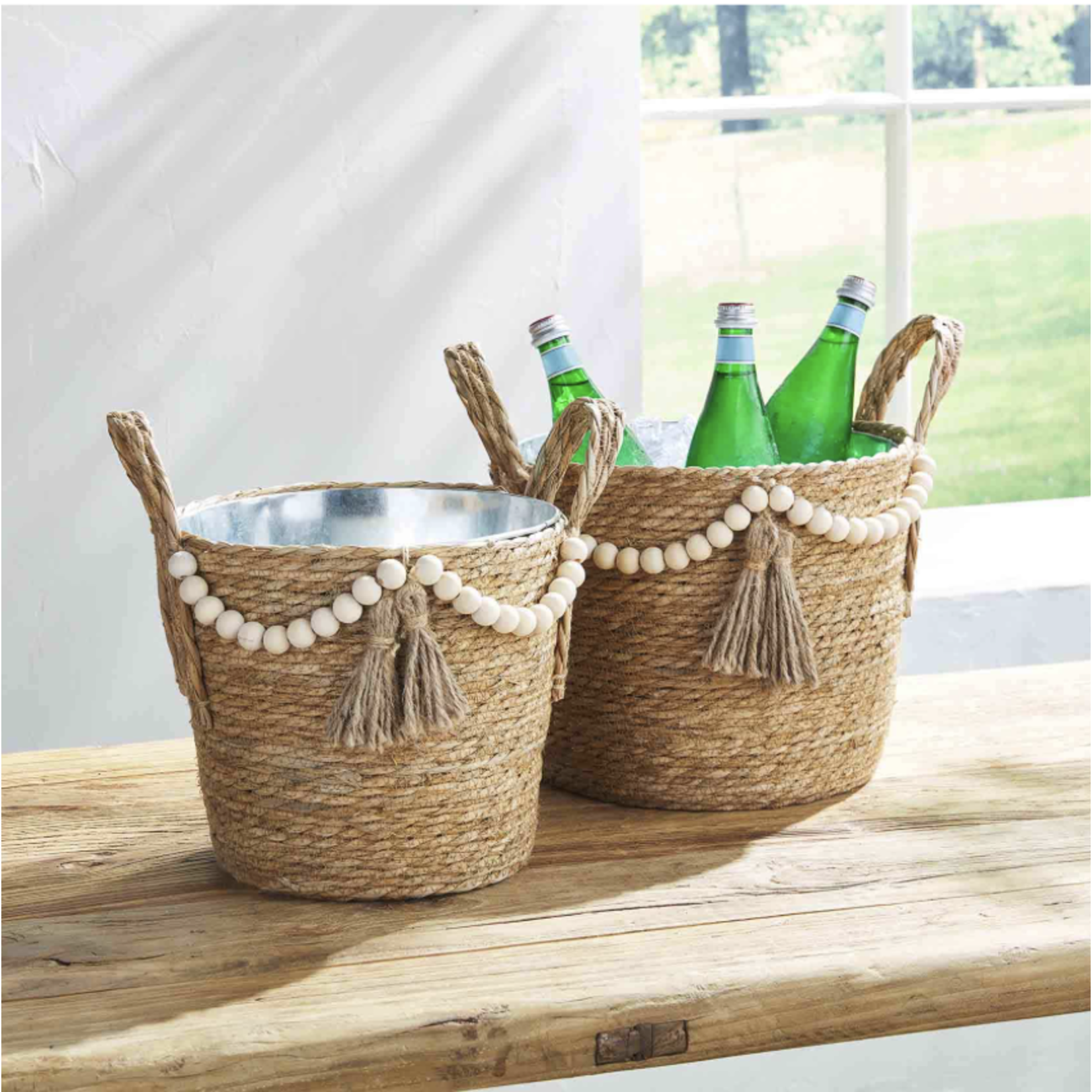 Outside The Box 16" & 14" Set Of 2 Tin Tub in Beaded Jute Party Basket