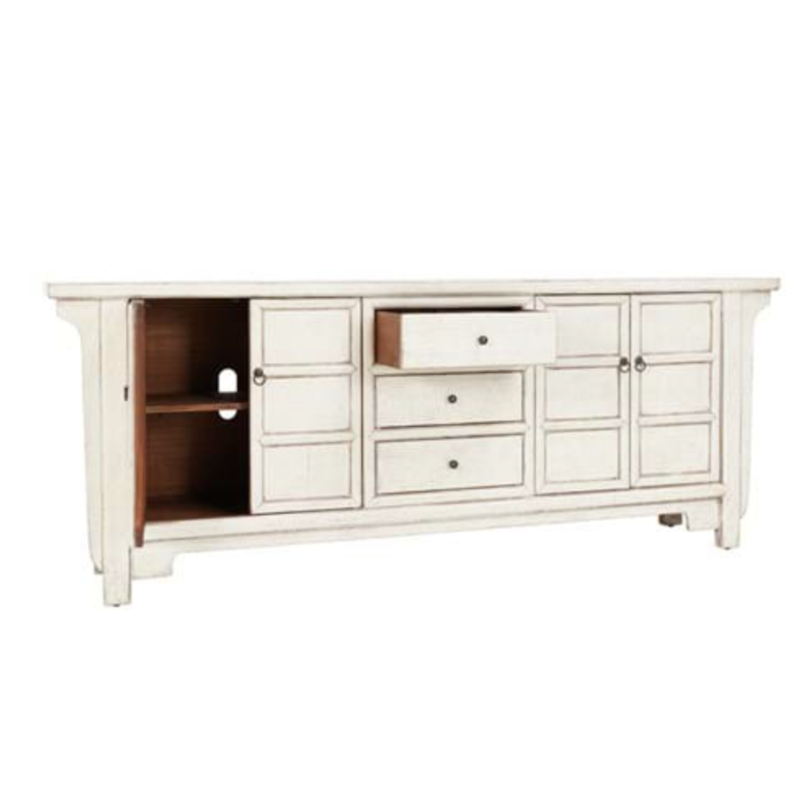 Outside The Box 87x16x34 Crafton Antique White Reclaimed Pine 3 Drawer 4 Door Sideboard