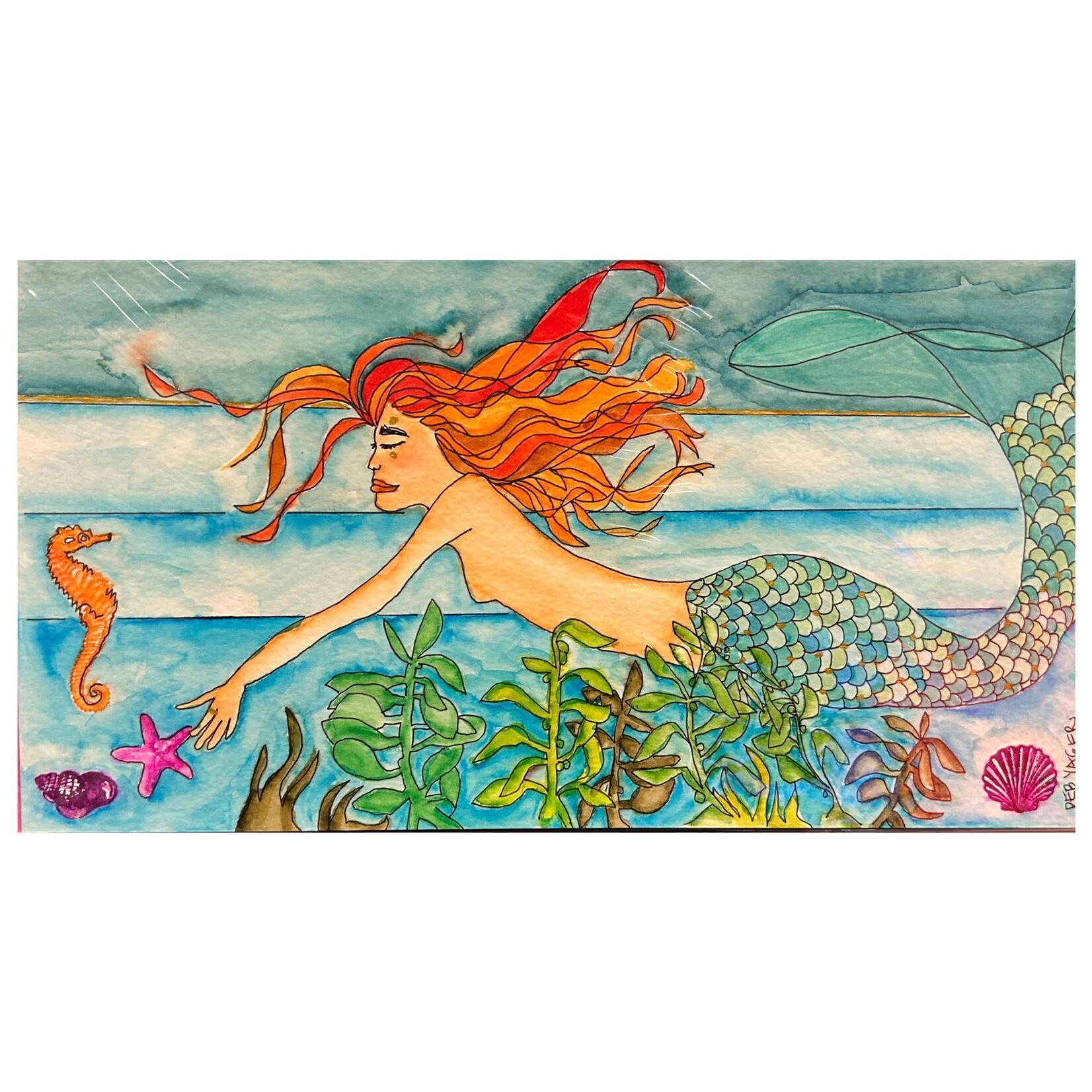 Outside The Box 11x6 "Mermaid with Small Seahorse" Original Watercolor Artwork