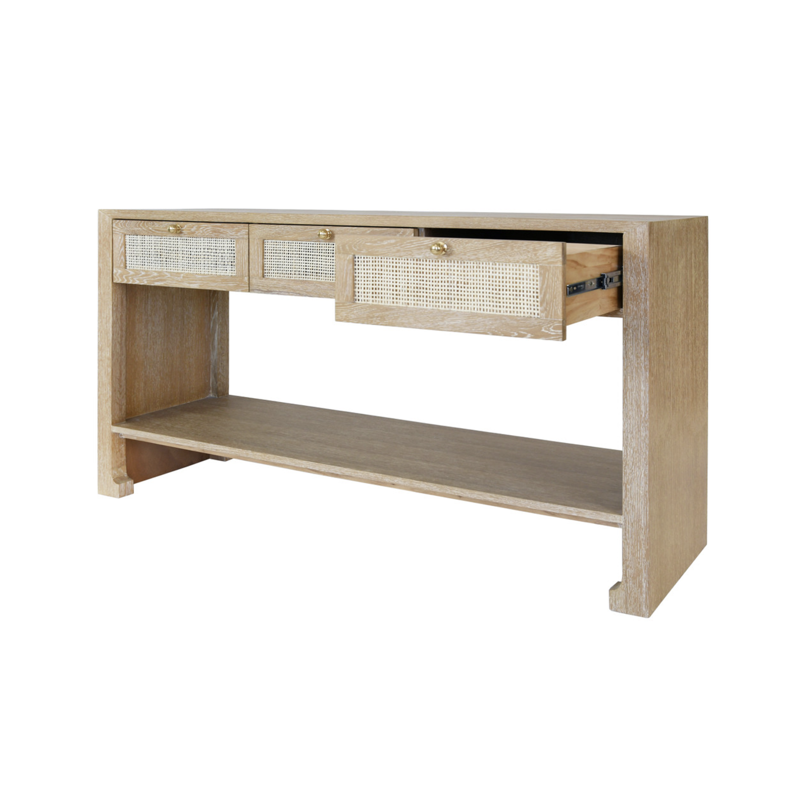 Outside The Box 58x18x32 Worlds Away Rosalind Natural Cerused Oak & Cane 3 Drawer Console