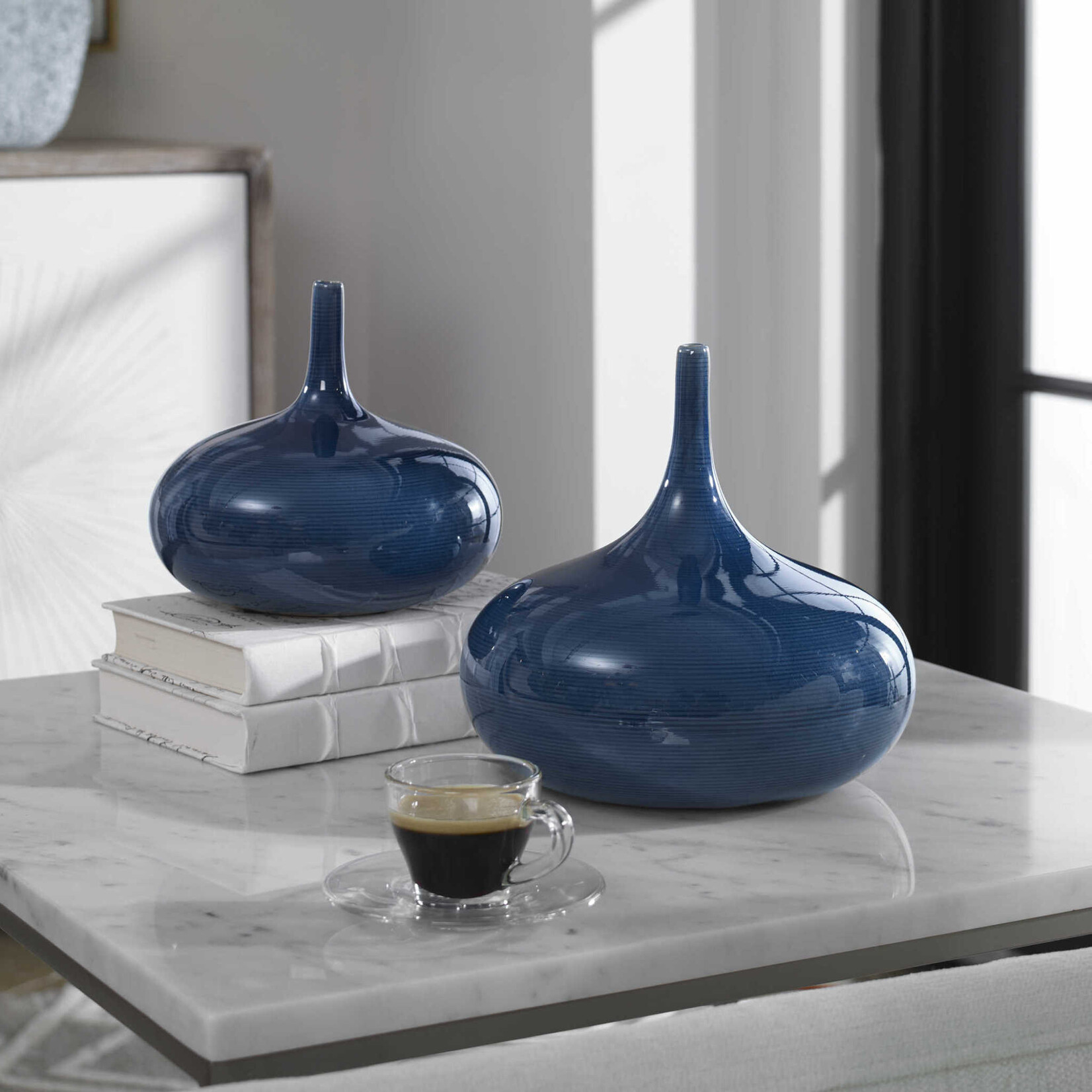 Outside The Box 8" & 7" Set Of 2 Zayan Blue Ceramic Stem Vases
