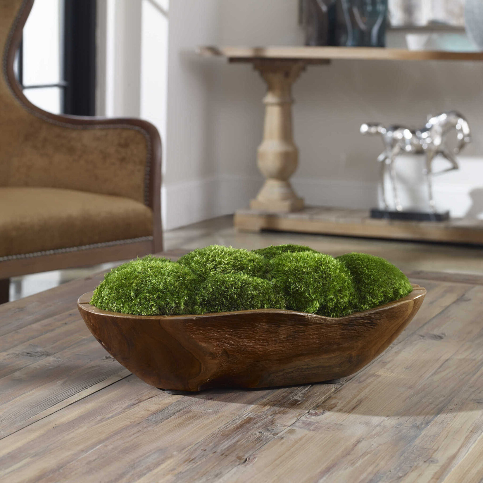 Outside The Box 19" Kinsale Preserved Moss In Natural Teak Wood Bowl