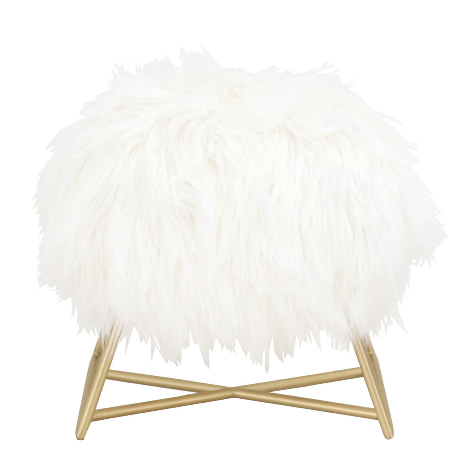 Outside The Box 18x14x18 Margo White Faux Fur & Brushed Gold Ottoman