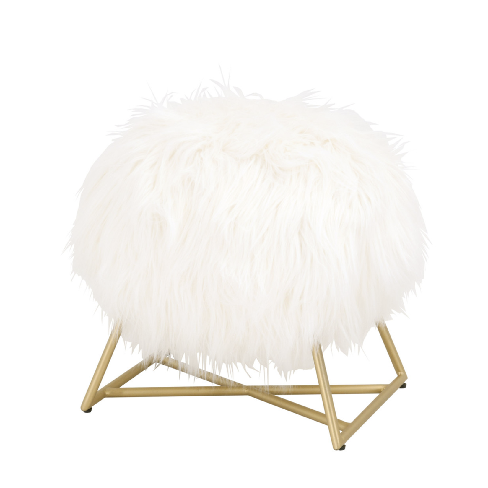 Outside The Box 18x14x18 Margo White Faux Fur & Brushed Gold Ottoman