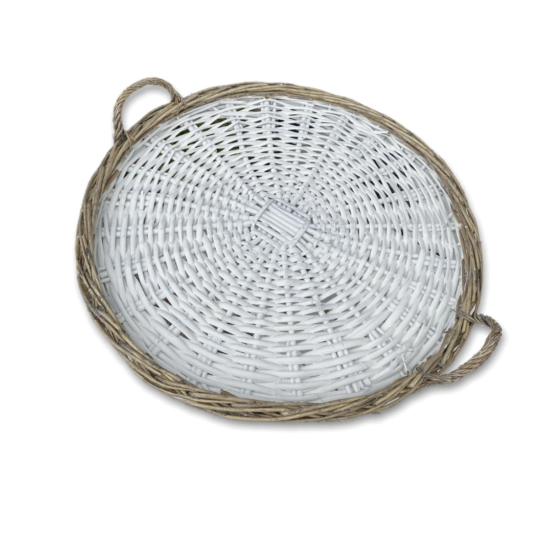 22" Willow White & Natural Wicker Basket Tray Outside the Box Palm Beach