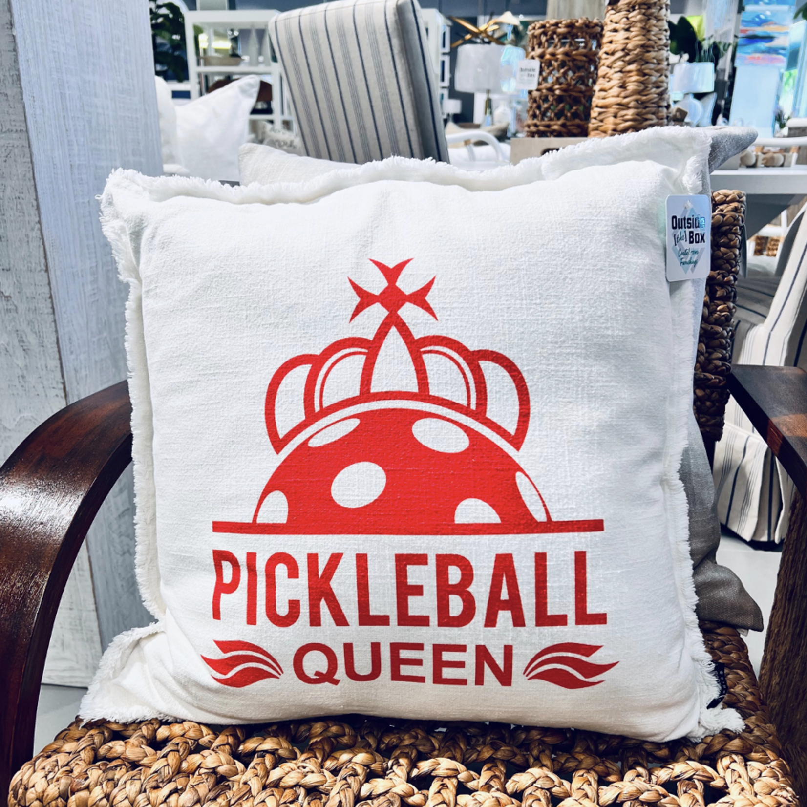 Outside The Box 20x20 "Pickleball Queen" White Fringed Linen/Cotton Pillow