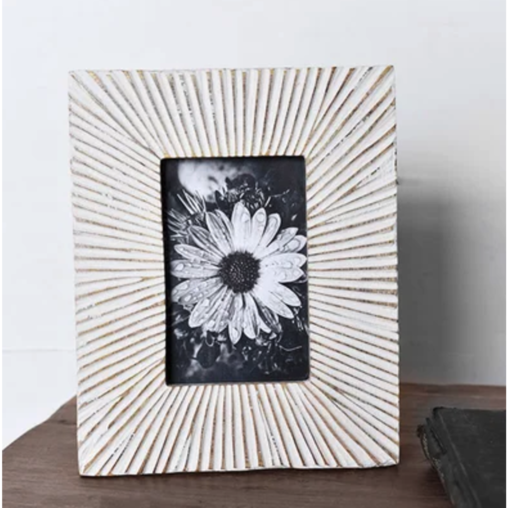 Outside The Box 6x4 Sunburst Carved White Wash Solid Mango Wood Photo Frame