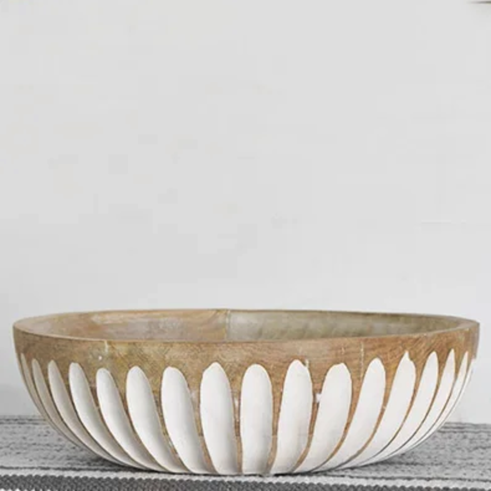 Outside The Box 14" Petal Carved White & Natural Solid Mango Wood Bowl