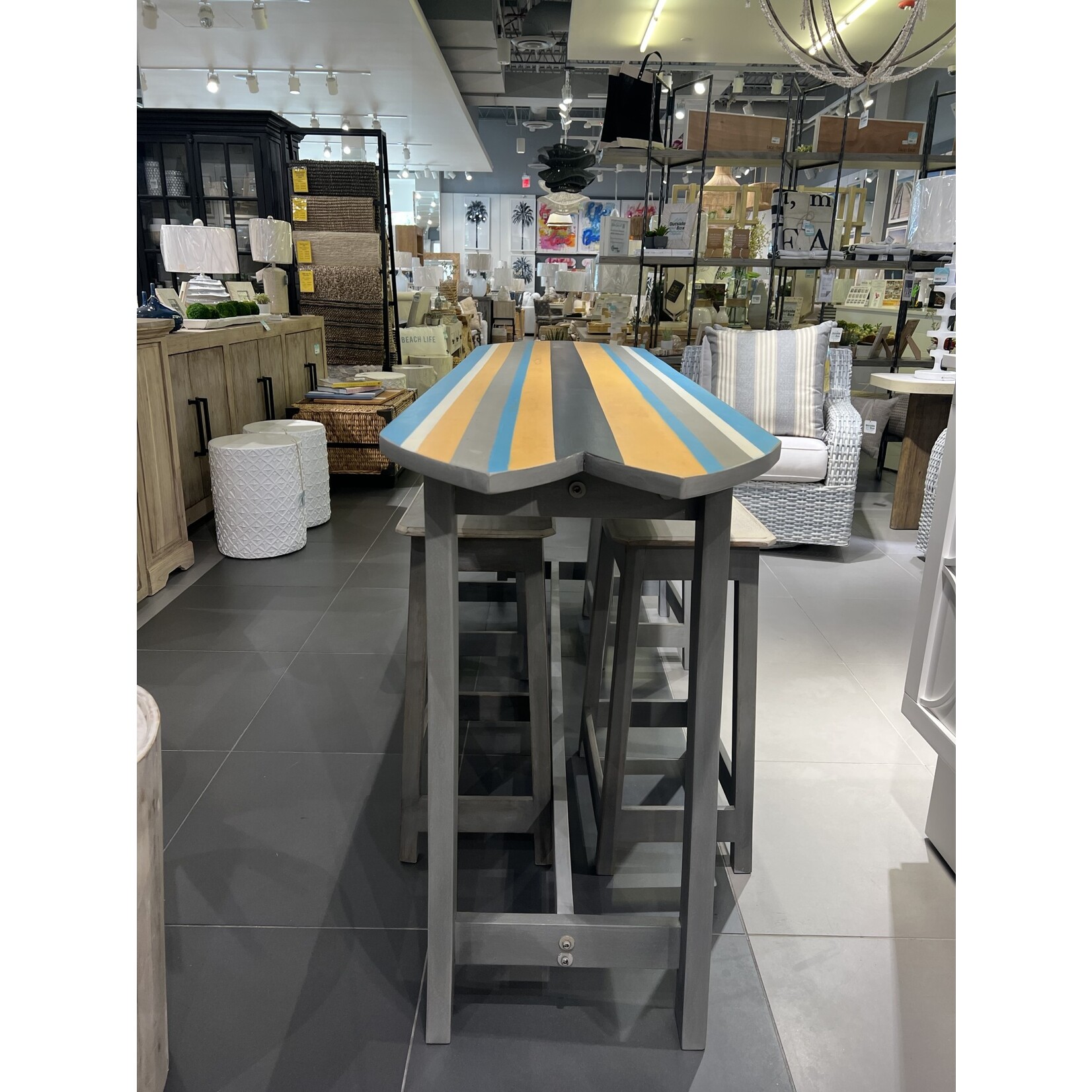 Outside The Box 92x23x38 Surfboard Striped Solid Mango Wood Counter Table & 4 Stools