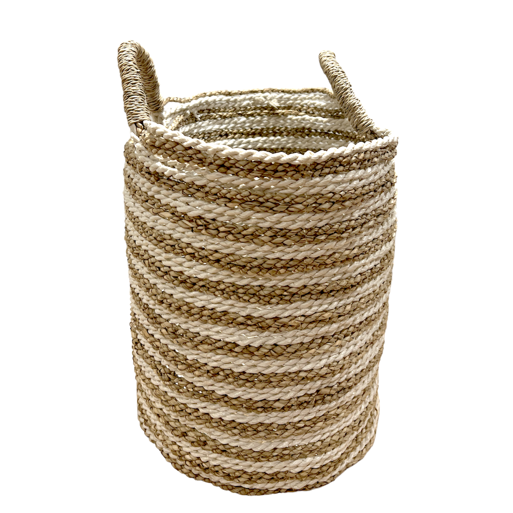 Outside The Box 16" White & Natural Stripes Hand-woven Basket