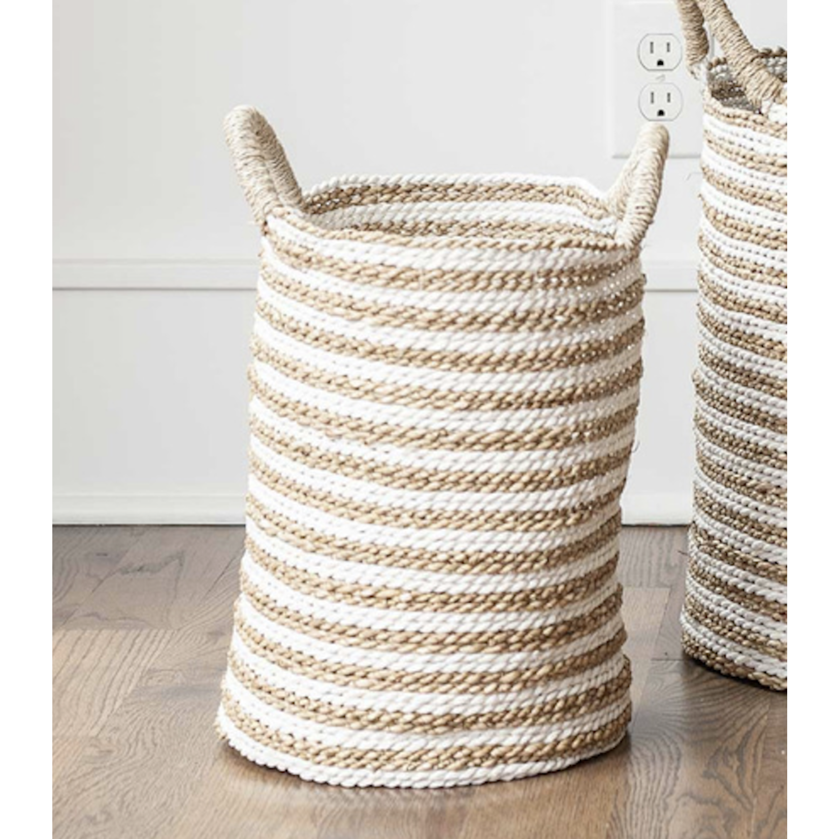 Outside The Box 16" White & Natural Stripes Hand-woven Basket