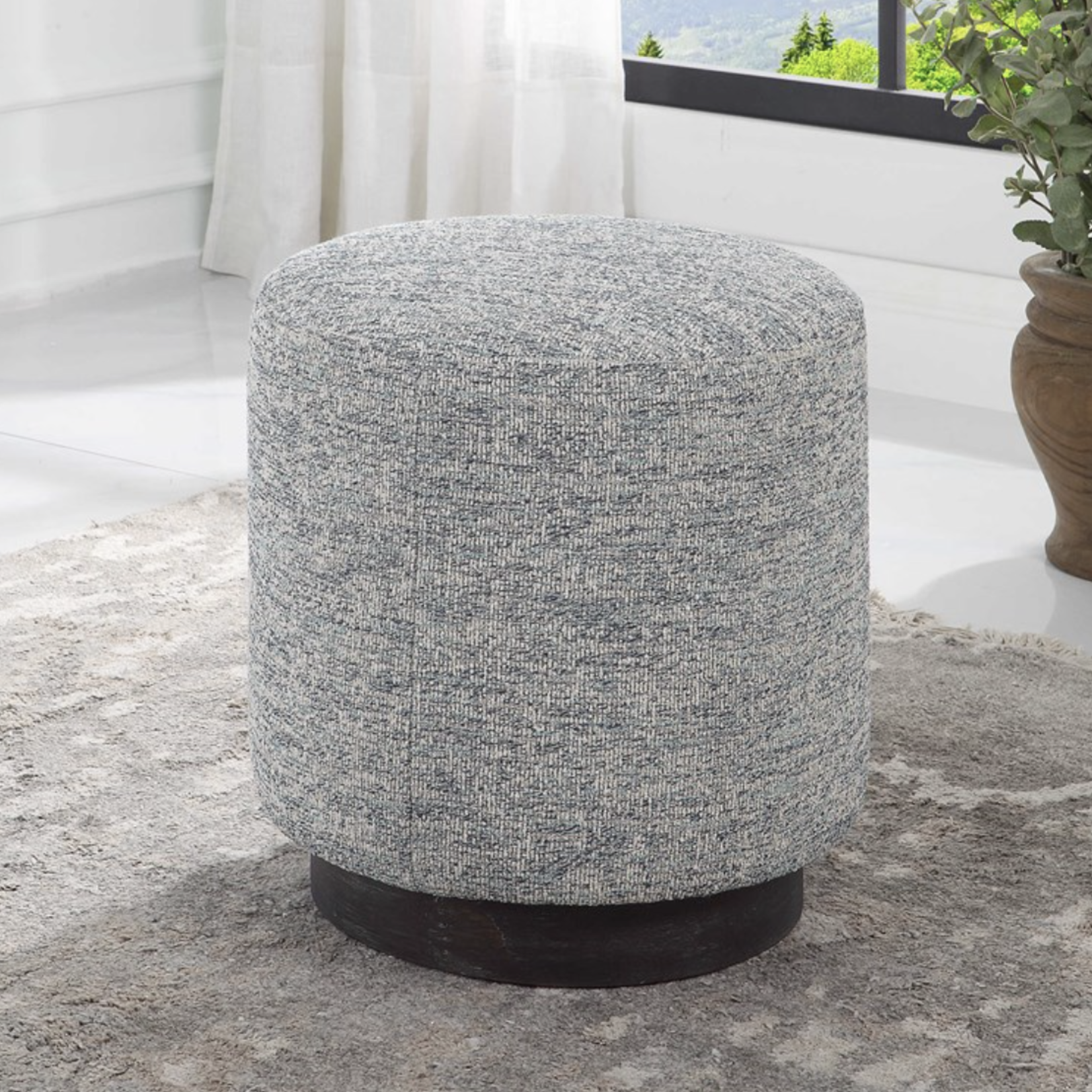 Outside The Box 16x18 Avila Blue & White Tweed With Oak Base Ottoman
