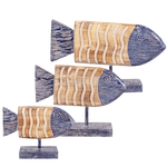 Outside The Box 12, 11" & 10" Set Of 3 Fish Blue & Natural Solid Mango Wood Handcrafted Sculpture
