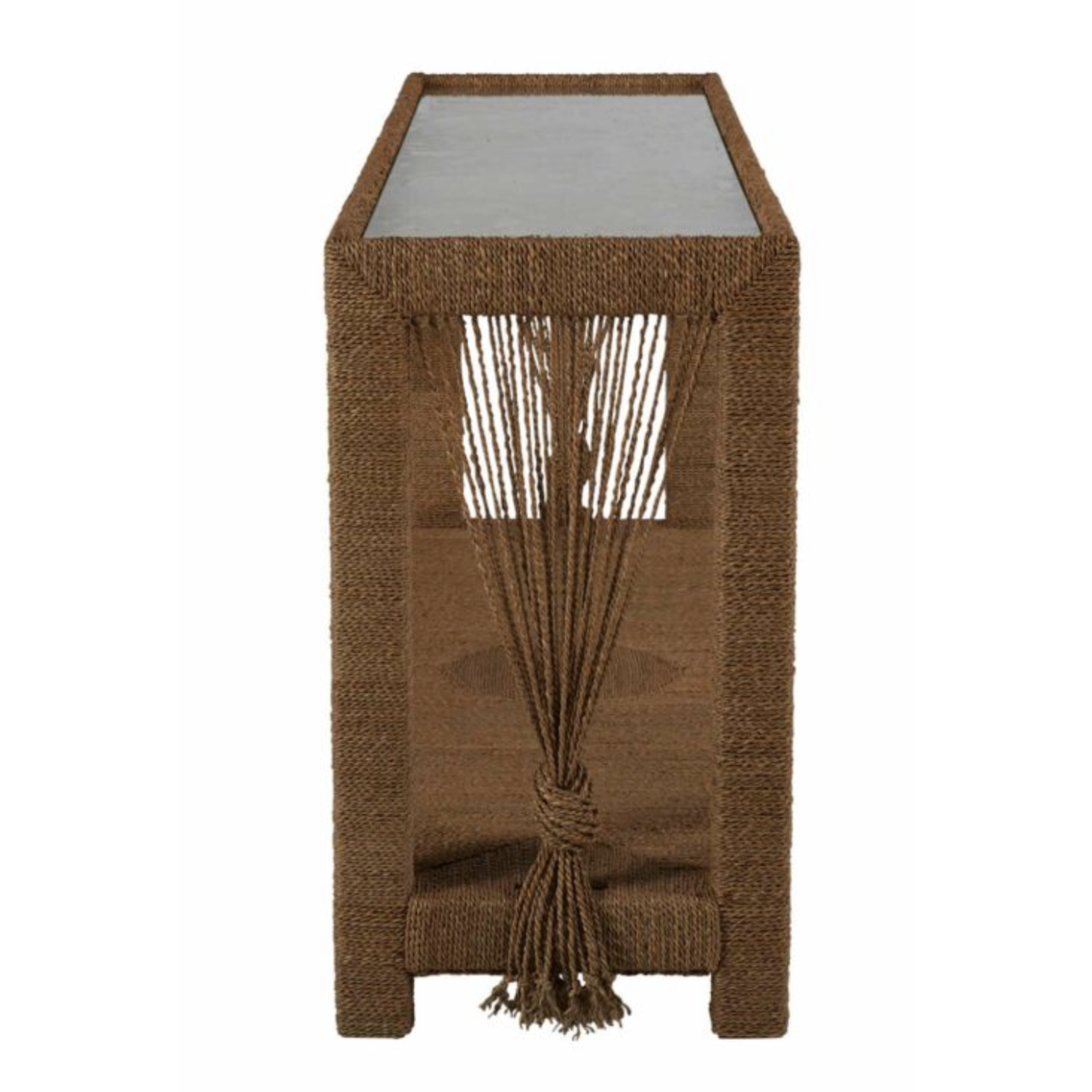 Outside The Box 70x18x32 Gabby Mindi Wood Woven Seagrass Rope Console W/ Glass Top