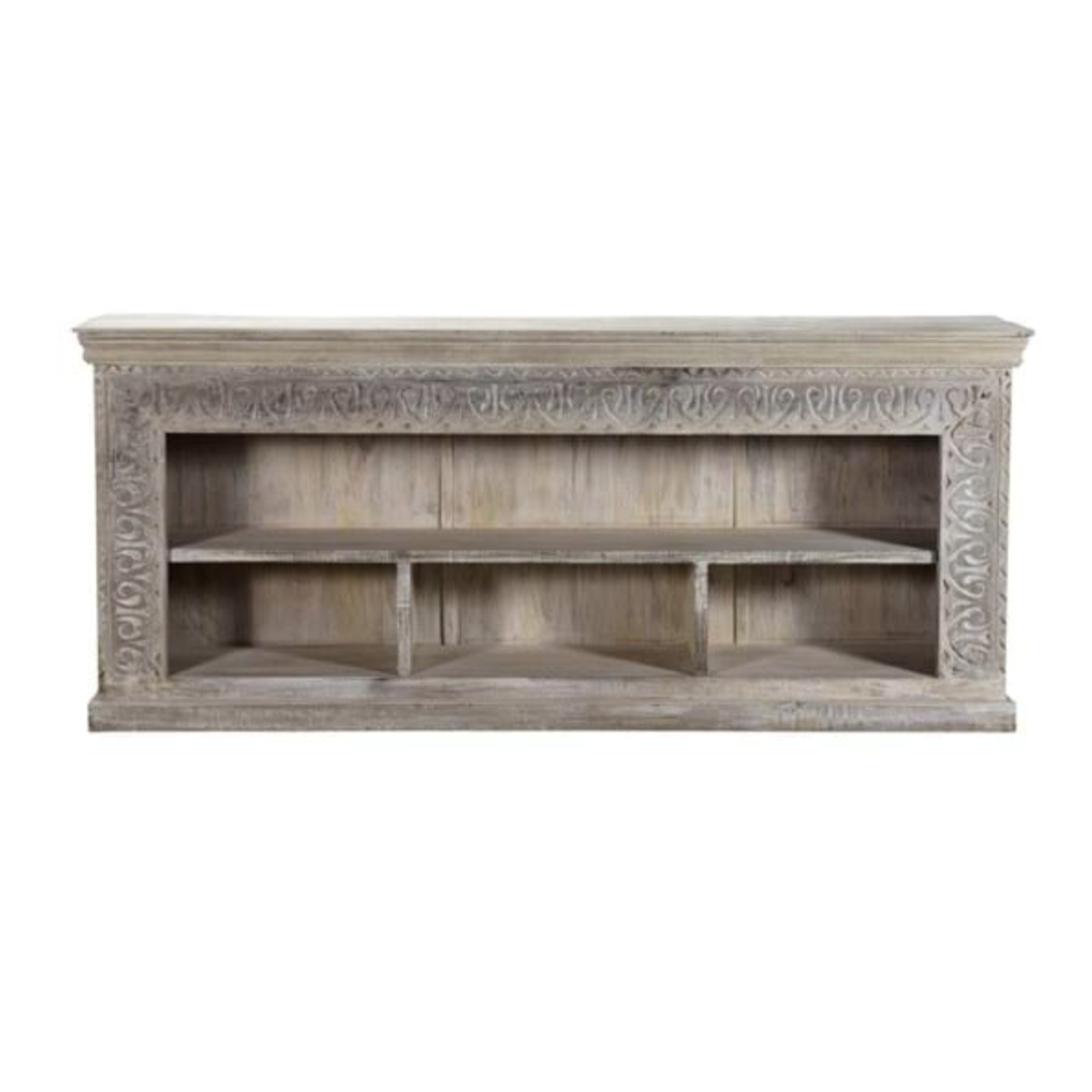 Outside The Box 85x17x37 Gizelle White Washed Carved Reclaimed Wood Open Sideboard