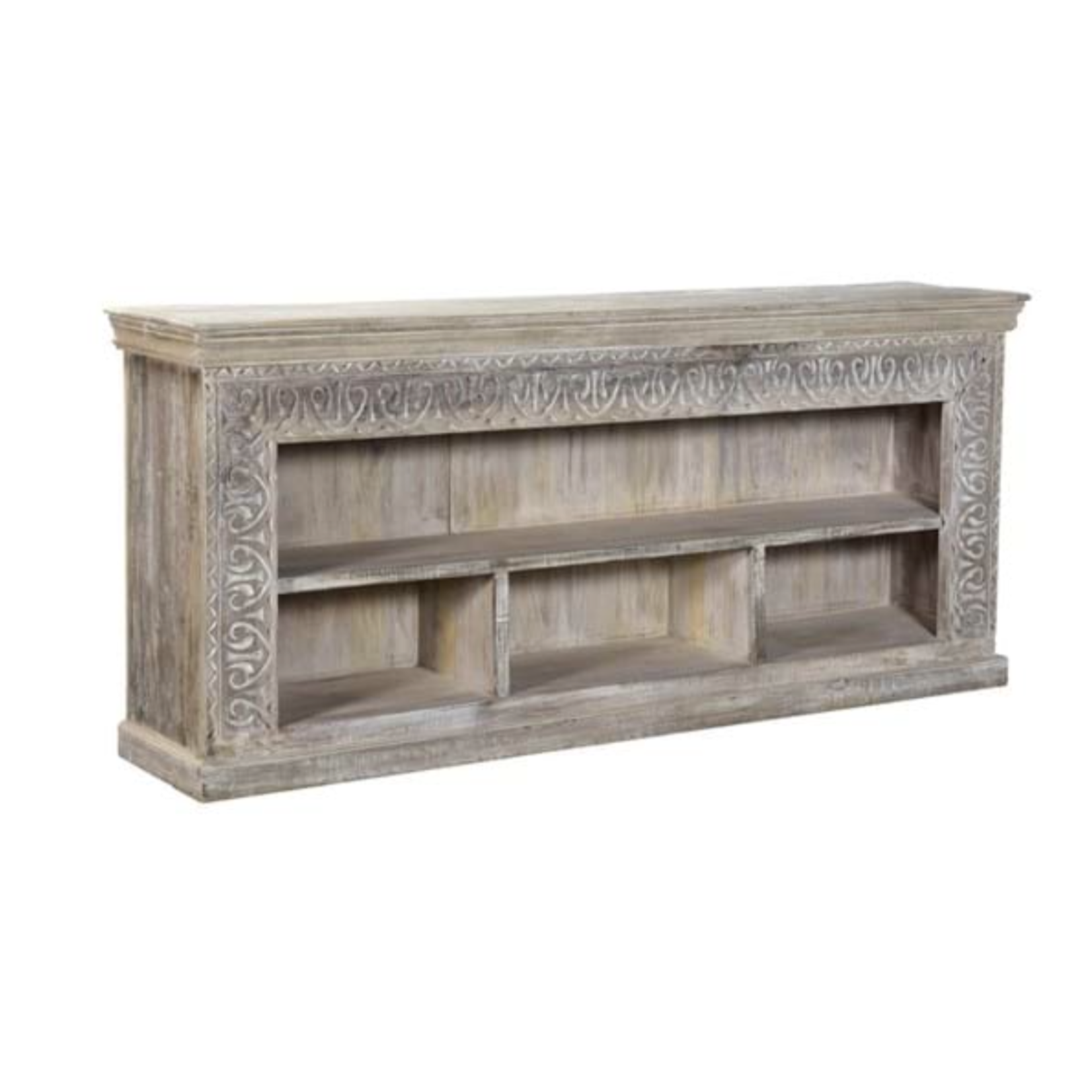 Outside The Box 85x17x37 Alta White Washed Carved Reclaimed Wood Open Sideboard