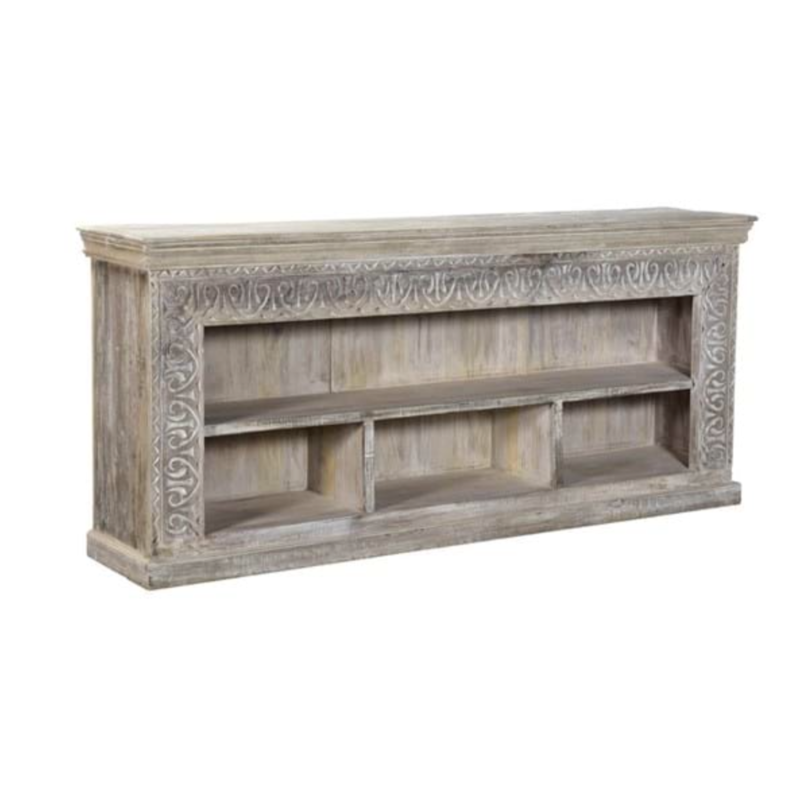 Outside The Box 85x17x37 Gizelle White Washed Carved Reclaimed Wood Open Sideboard
