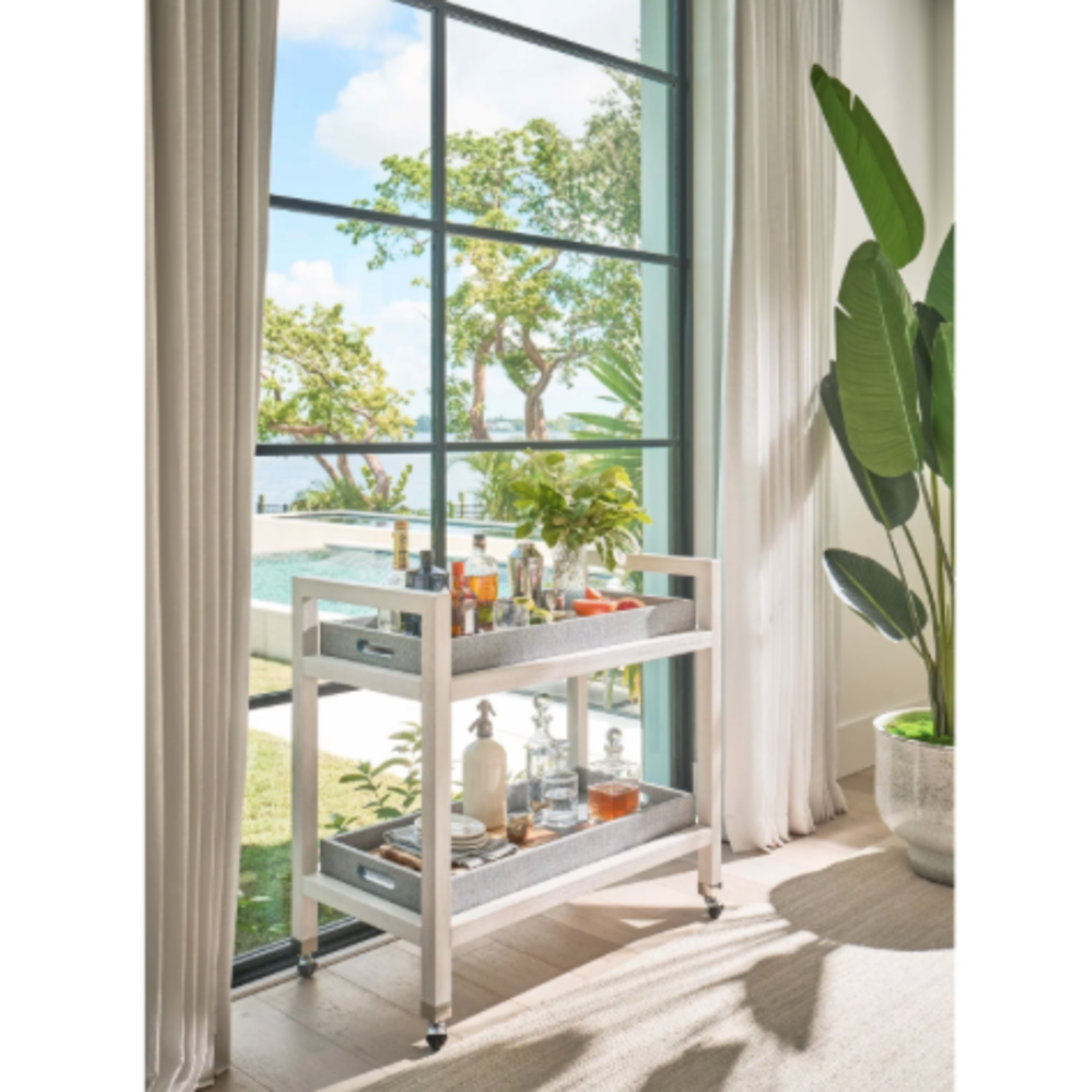 Outside The Box 38x20x36 Del-Ray White Sand Bar Cart With Casters