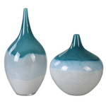 Outside The Box 15" & 10" Set Of 2 Carla Teal & White Glass Vase