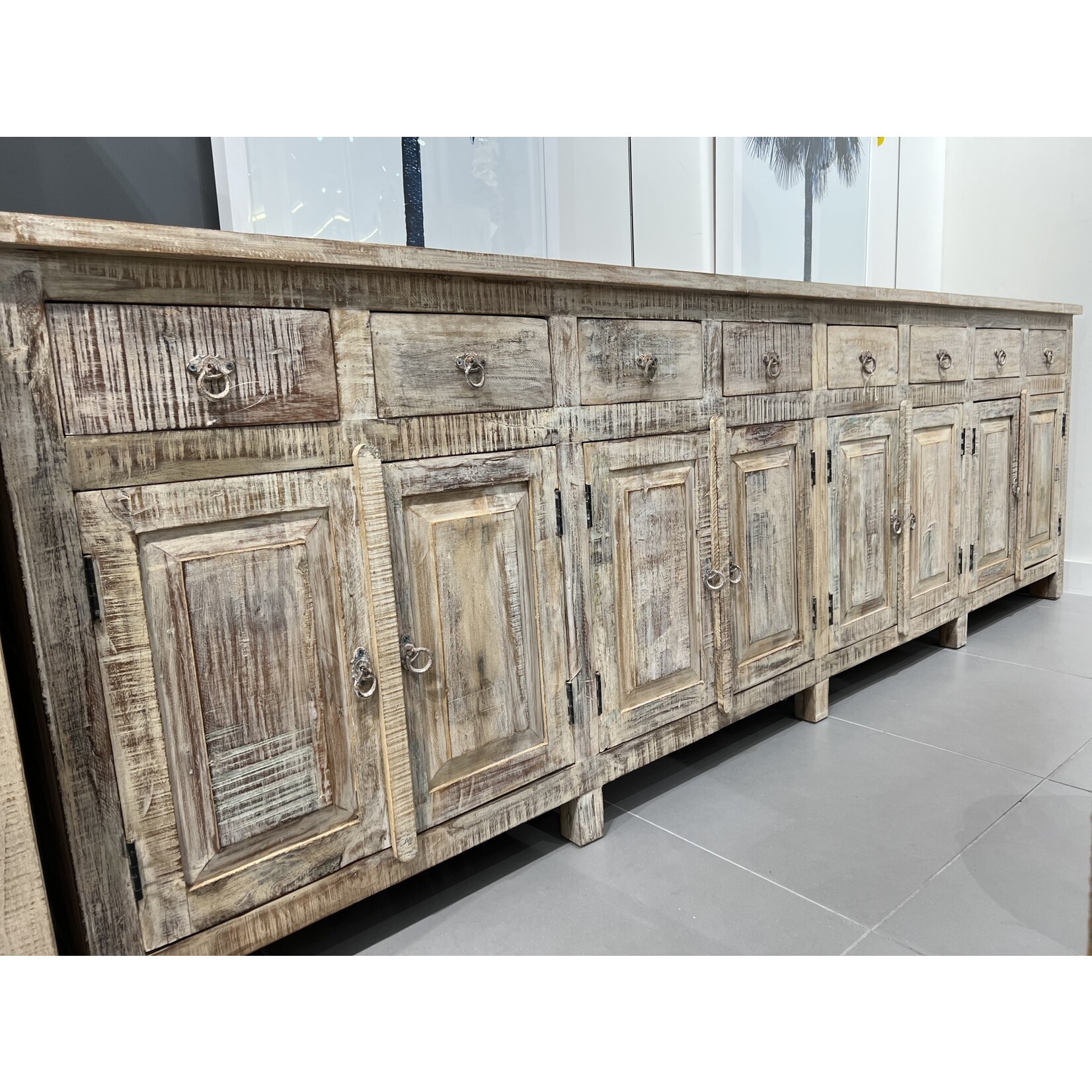 Outside The Box 128x16x37 White Washed Reclaimed Wood 8 Drawer Sideboard