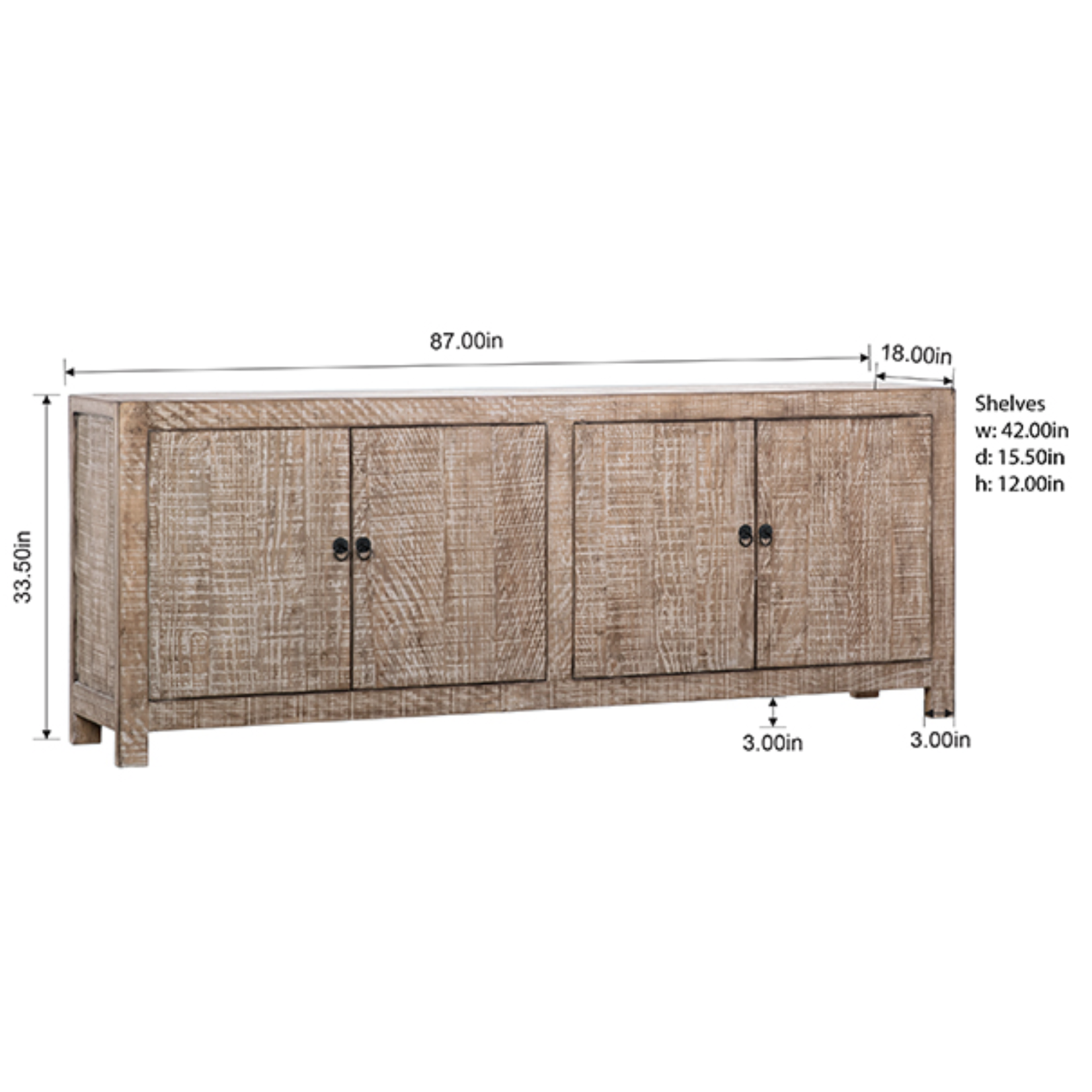 Outside The Box 87x18x33 Patton Reclaimed Pine 4 Door Sideboard