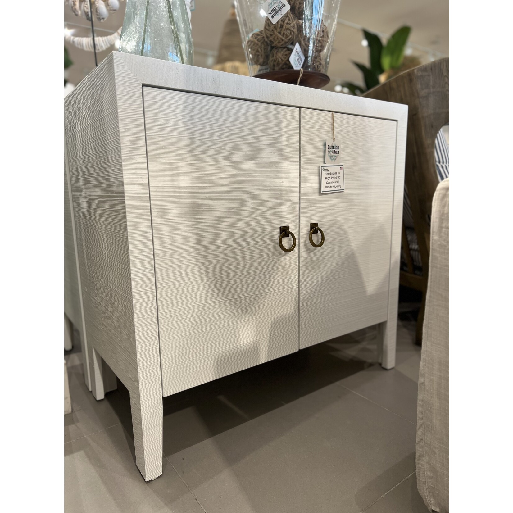 Outside The Box 36x18x35 Belwood White Seagrass Hand Crafted 2 Door Cabinet