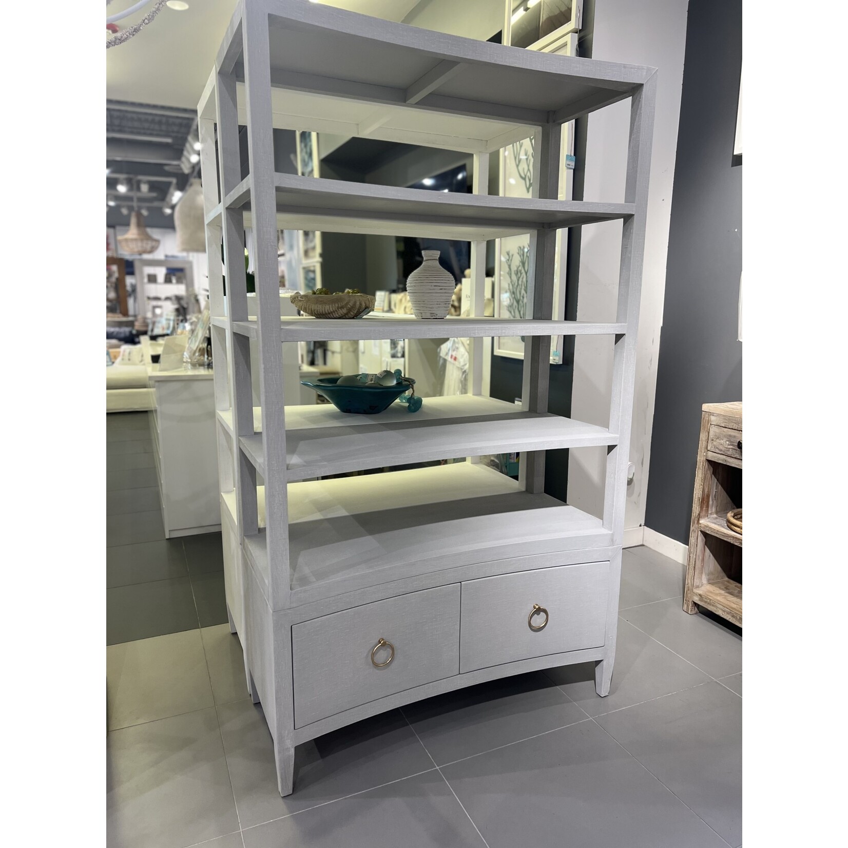 Outside The Box 48x21x82 Westminster White Linen Wrapped Concave Shelving Unit In Ice Gray