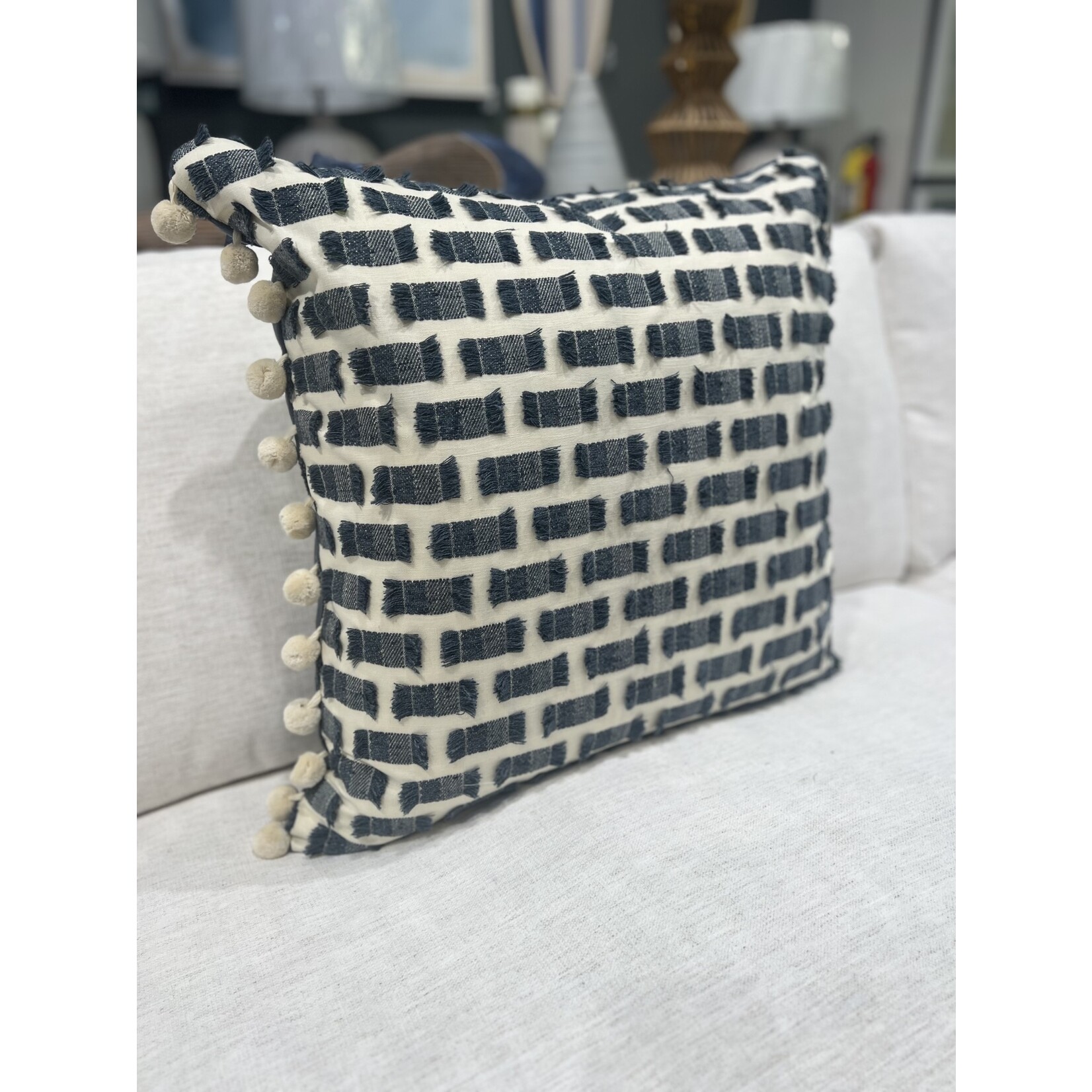 Outside The Box 24x24 Wendy Jane All Fringed Up Denim W/ Pom Poms Feather Down Accent Pillow
