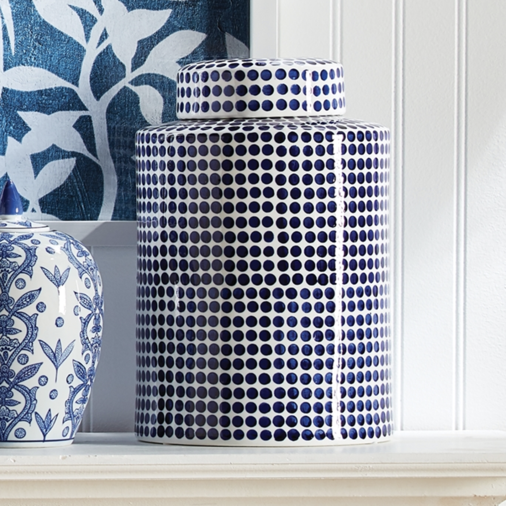 Outside The Box 12" Barclay Butera Dover White & Blue Dots Jar