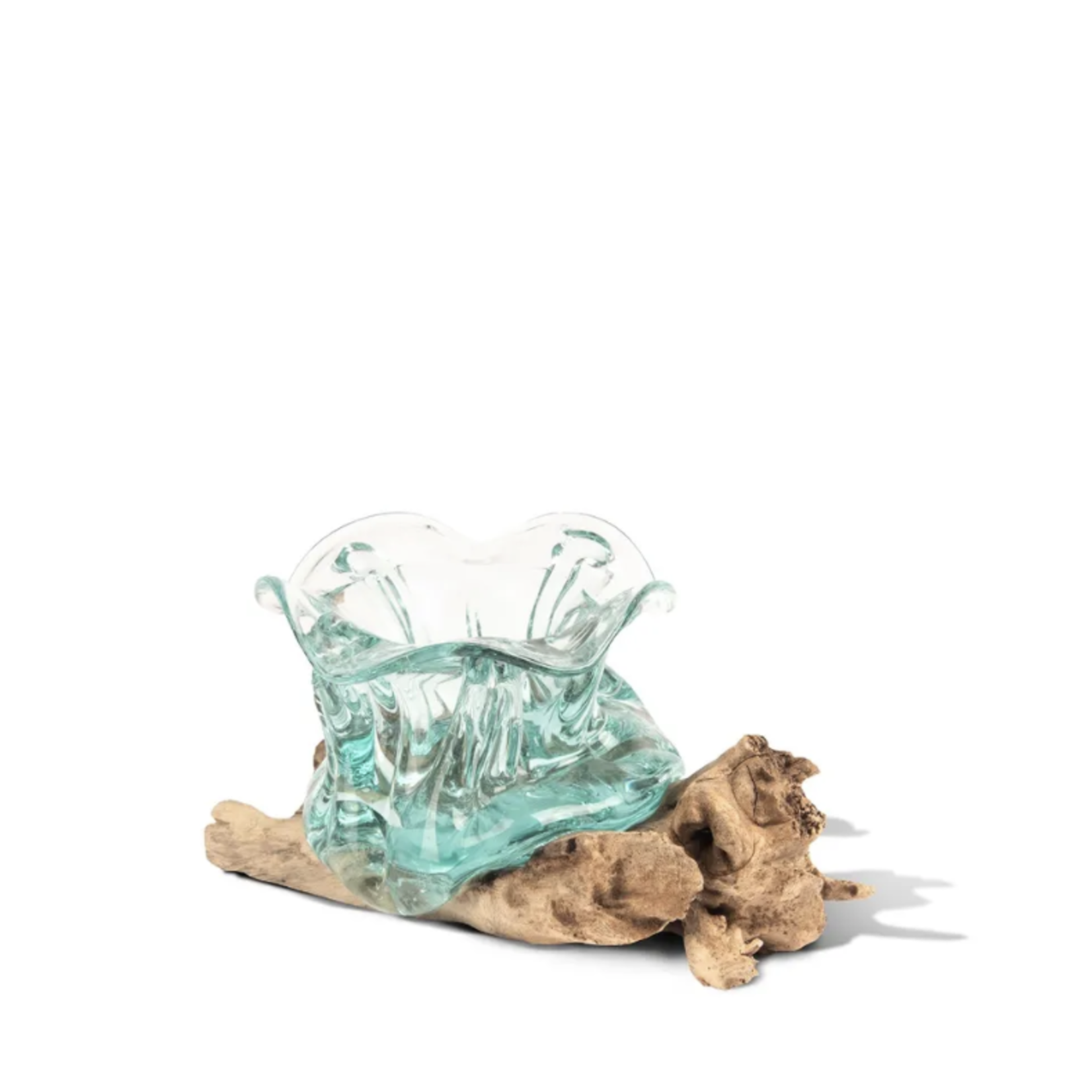 Outside The Box 4" Aqua Petal Hand Blown Glass Vase With Driftwood Base