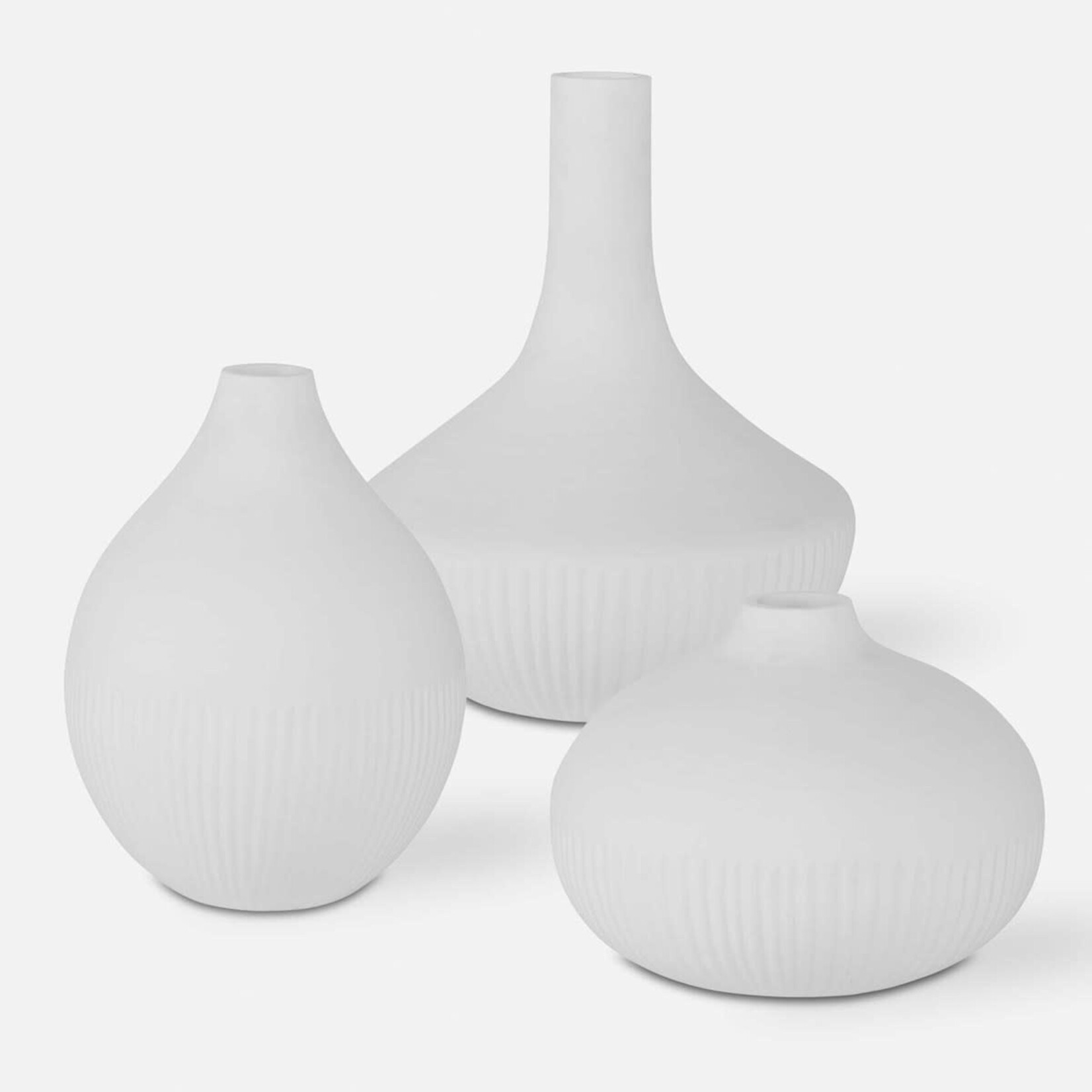 Outside The Box 12", 11" & 6" Set Of 3 Apothecary Satin White Carved Vases