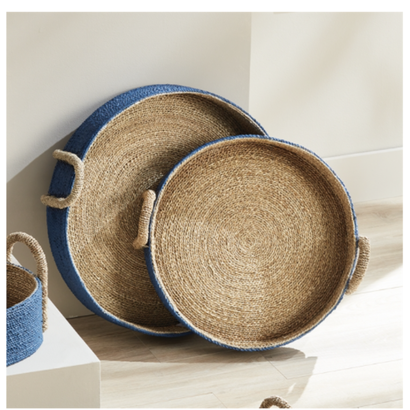 Outside The Box 22" Tiana Indigo & Natural Seagrass Hand-Crafted Round Tray