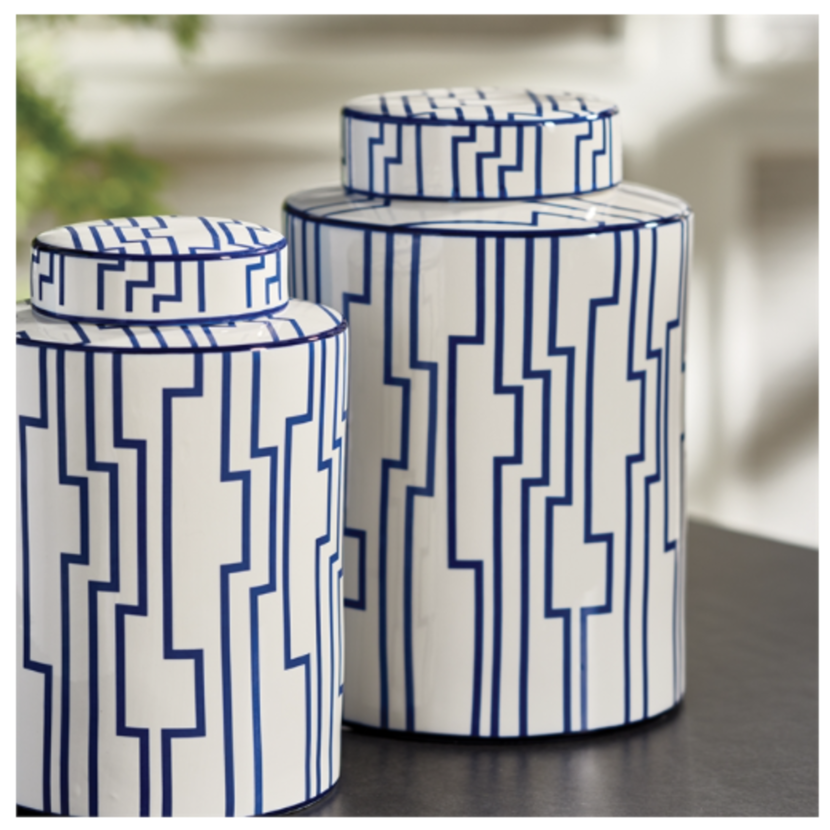 Outside The Box 12" Barclay Butera White & Blue Labyrinth Ceramic Lidded Jar