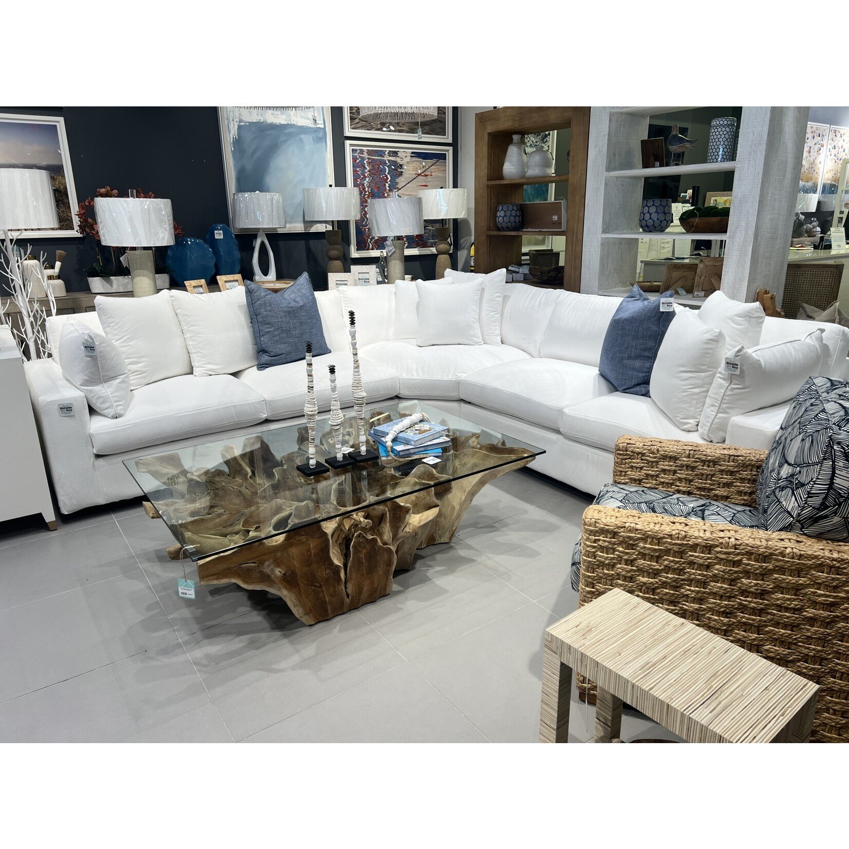 Outside The Box 123x37x123 Carlton Topsider White Performance Fabric Slipcover Tucked Under Trillium Sectional