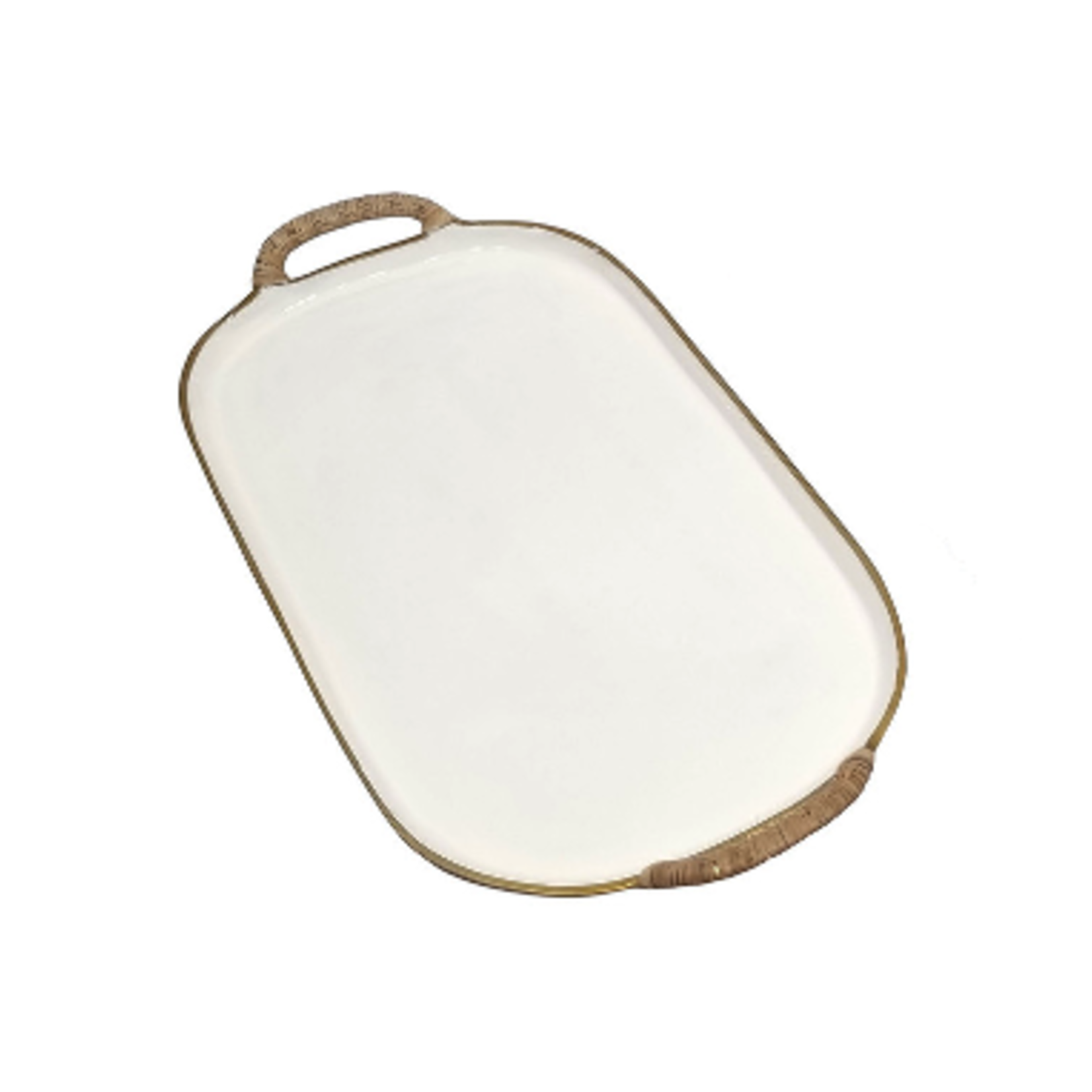 Outside The Box 21" White Enamel Aluminum Tray W/ Rattan Wrapped Handles