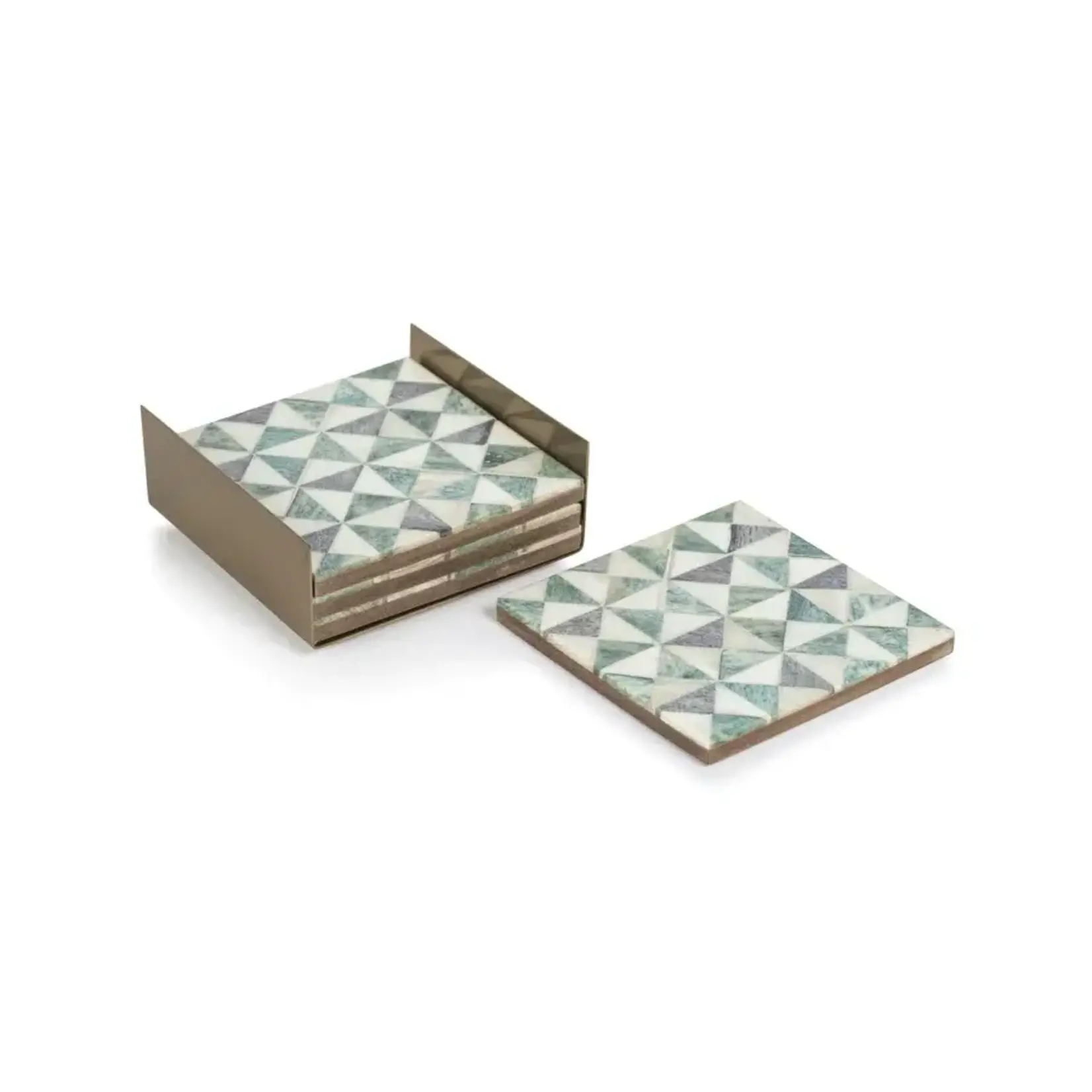 Outside The Box 4" Set Of 4 Martinez Green & White Bone Inlay With Brass Tray Coasters