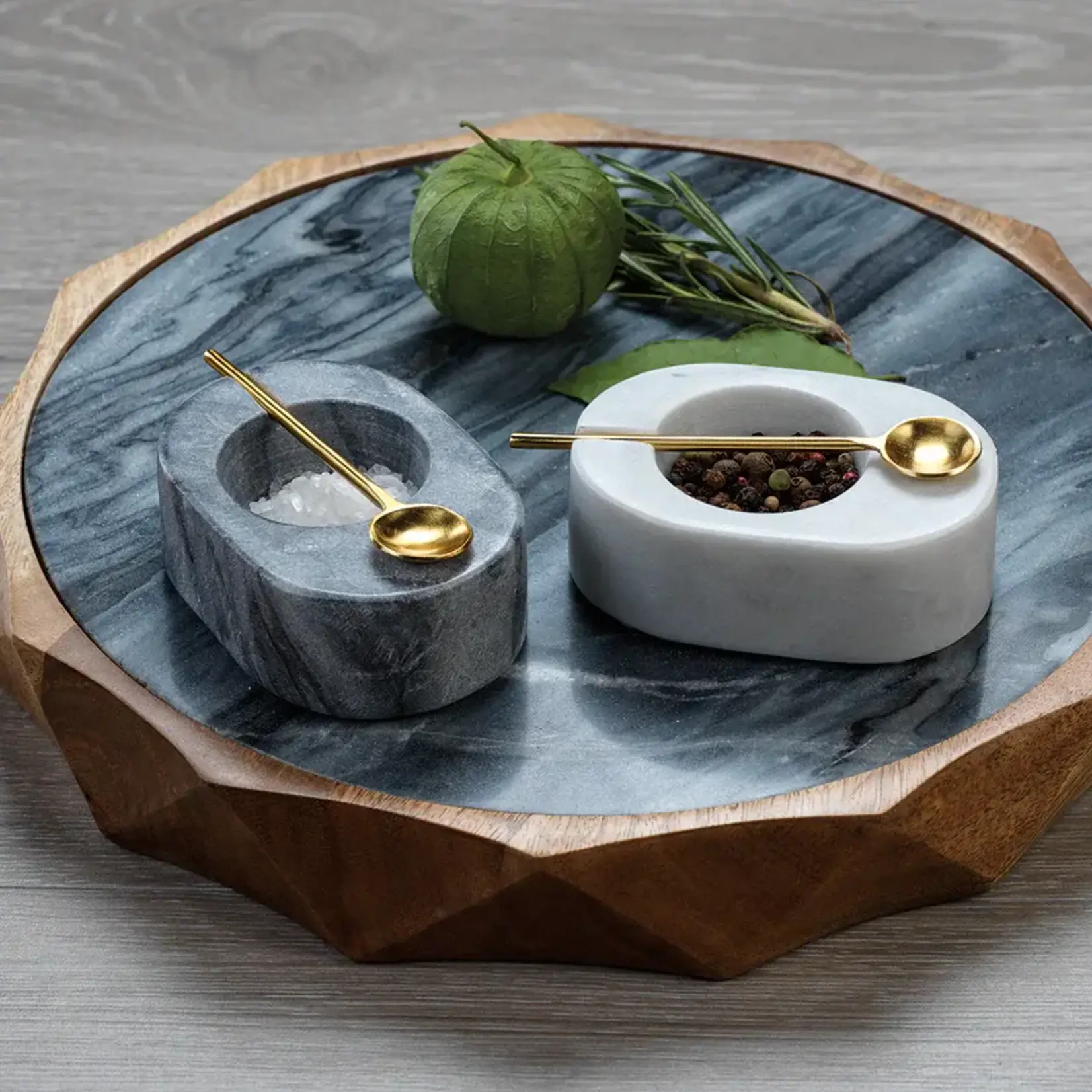 Outside The Box Tuscan White Marble Salt & Pepper Bowl With Gold Spoon