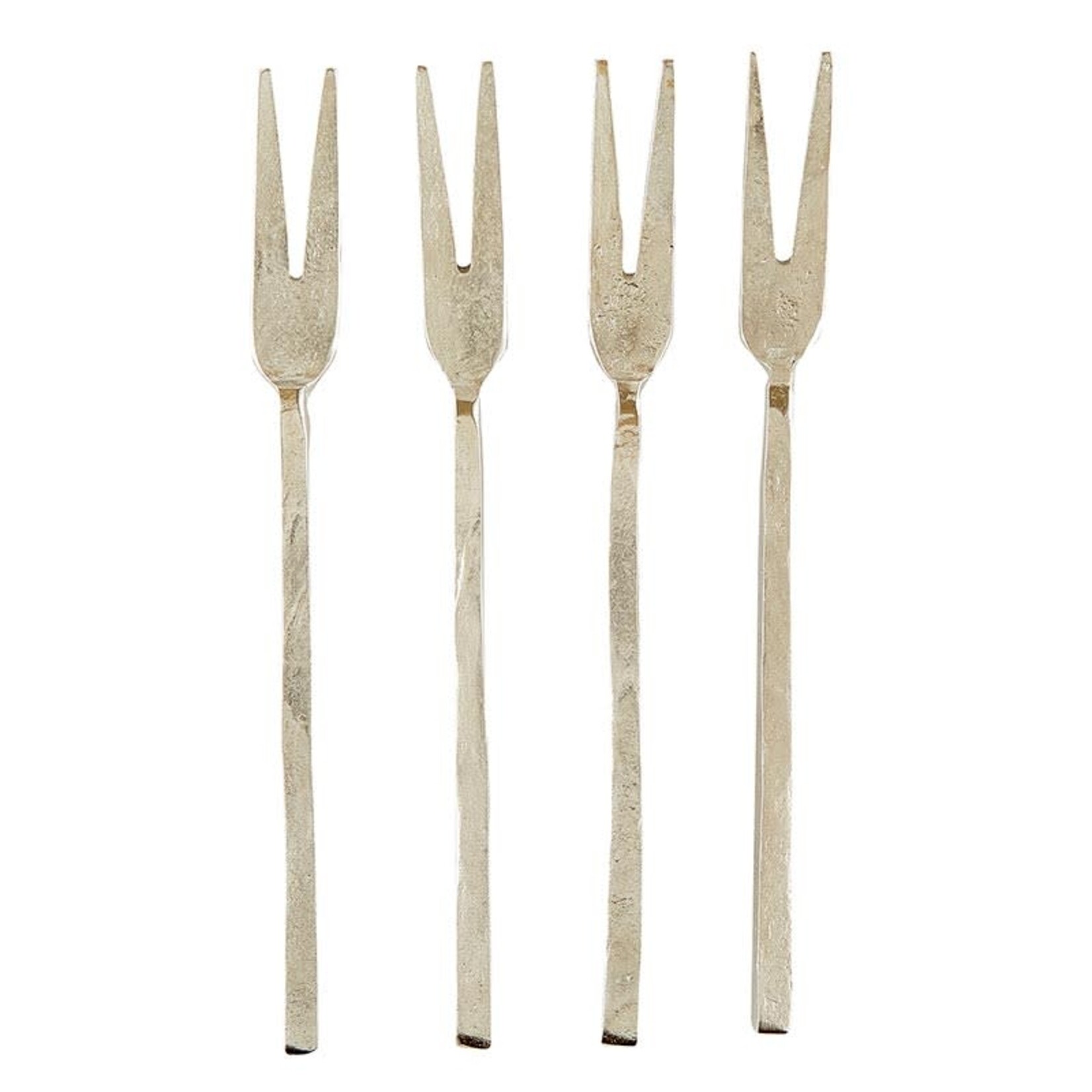 Outside The Box 5" Set Of 4 Hammered Silver Appetizer Forks W / Muslin Bag
