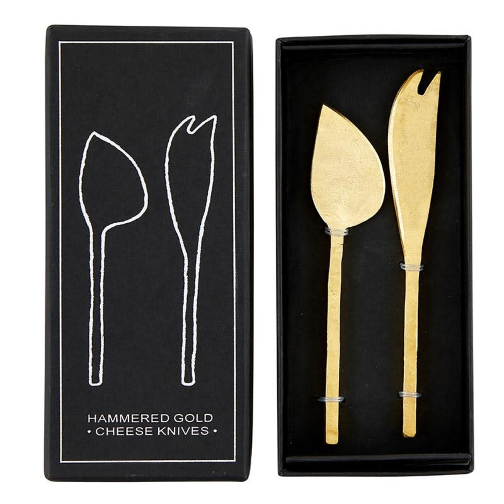 Outside The Box Set Of 2 Hammered Gold Cheese Knives W / Gift Box