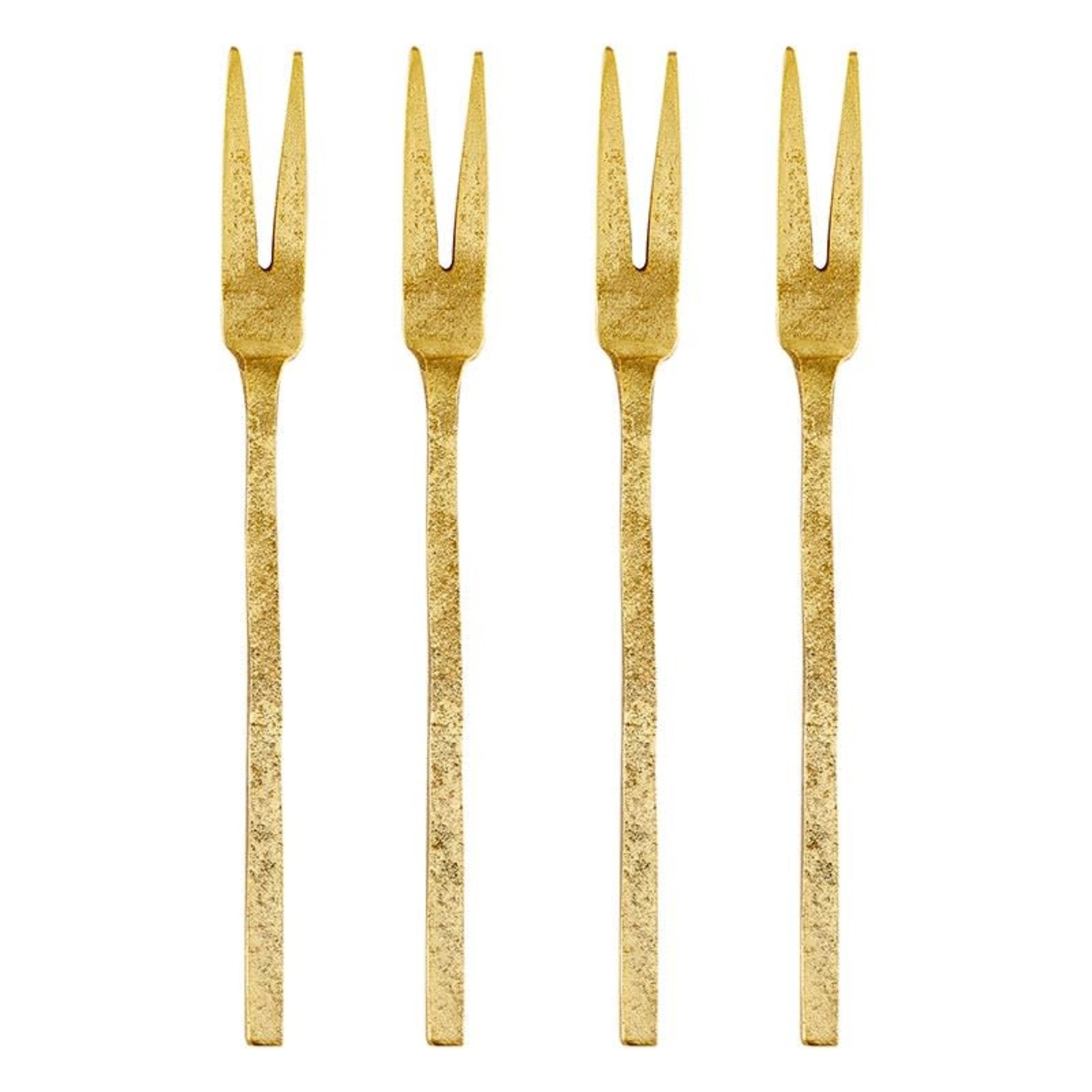 Outside The Box 5" Set Of 4 Hammered Gold Appetizer Forks W / Muslin Bag
