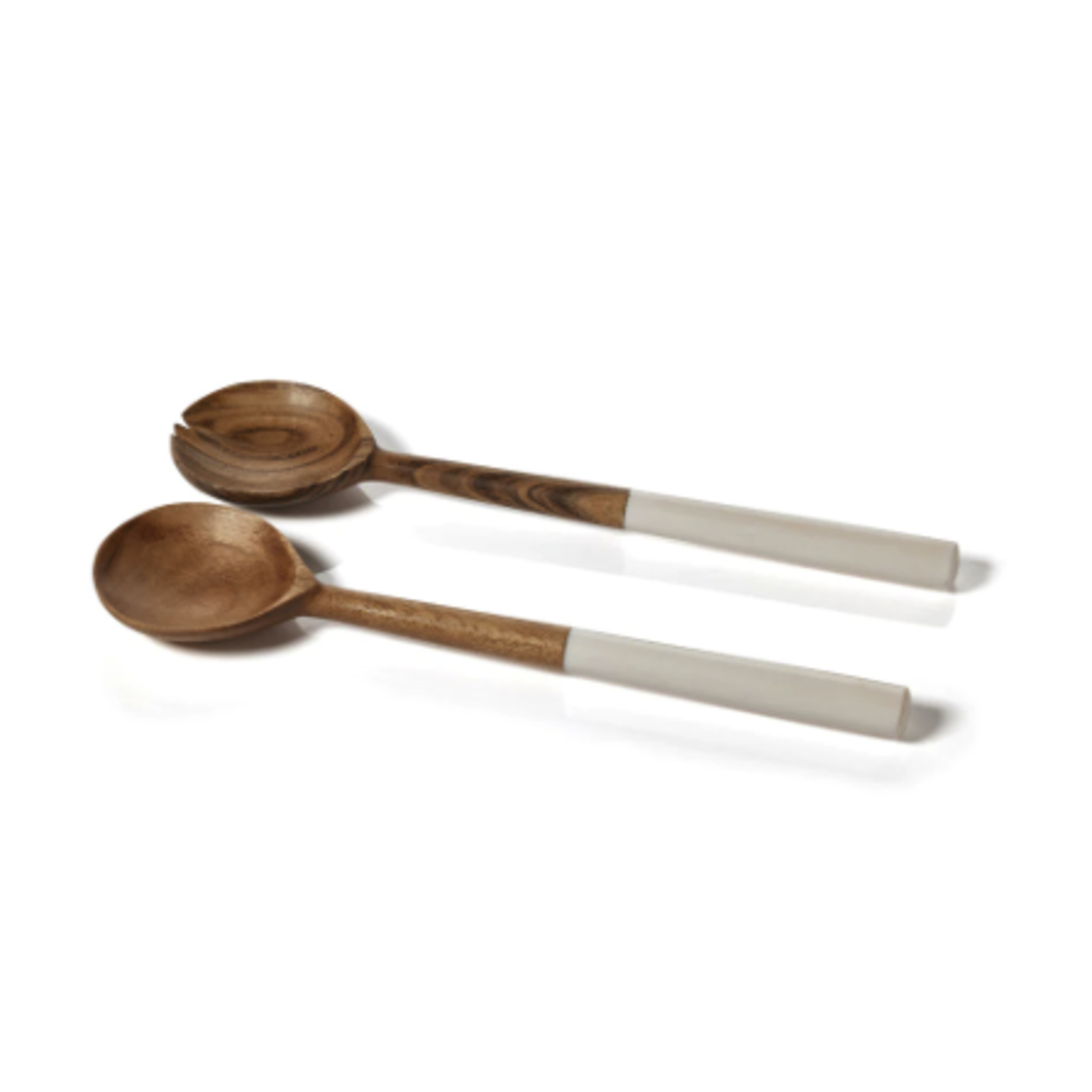 Outside The Box 12" Set Of 2 Solid Mango Wood & White Enamel Salad Servers