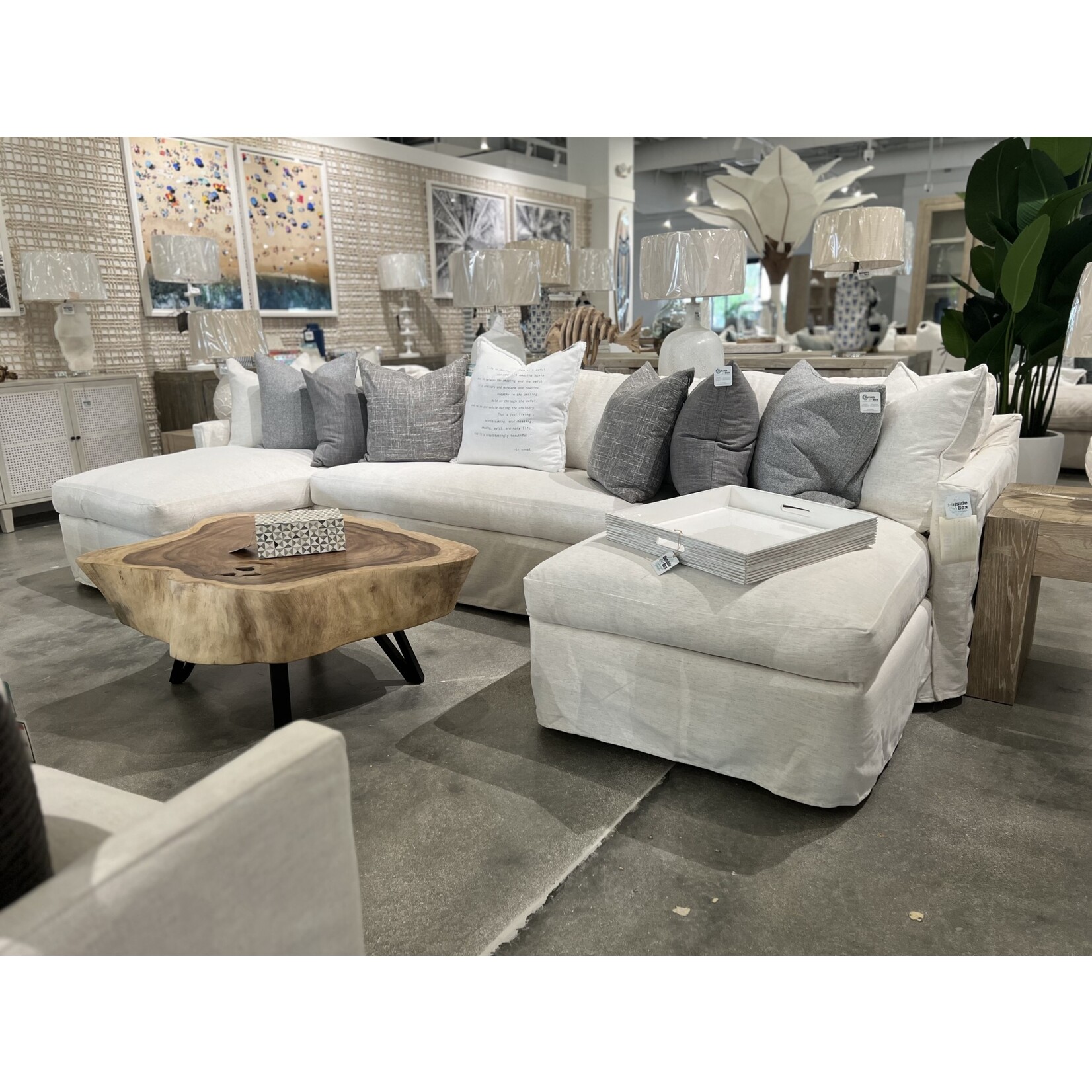 Outside The Box 148 x 68 Slipcovered Nomad Snow Crypton Performance Trillium Down U-Shape 2 Chaise Sectional - 800AB