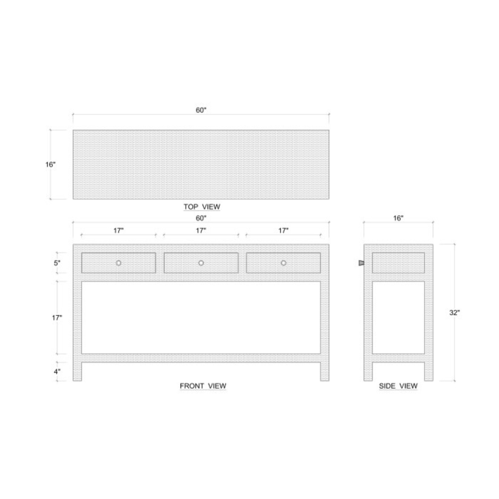 Outside The Box 60x16x32 Kagu White Wash Rattan 3 Drawer Console Table - RWWS